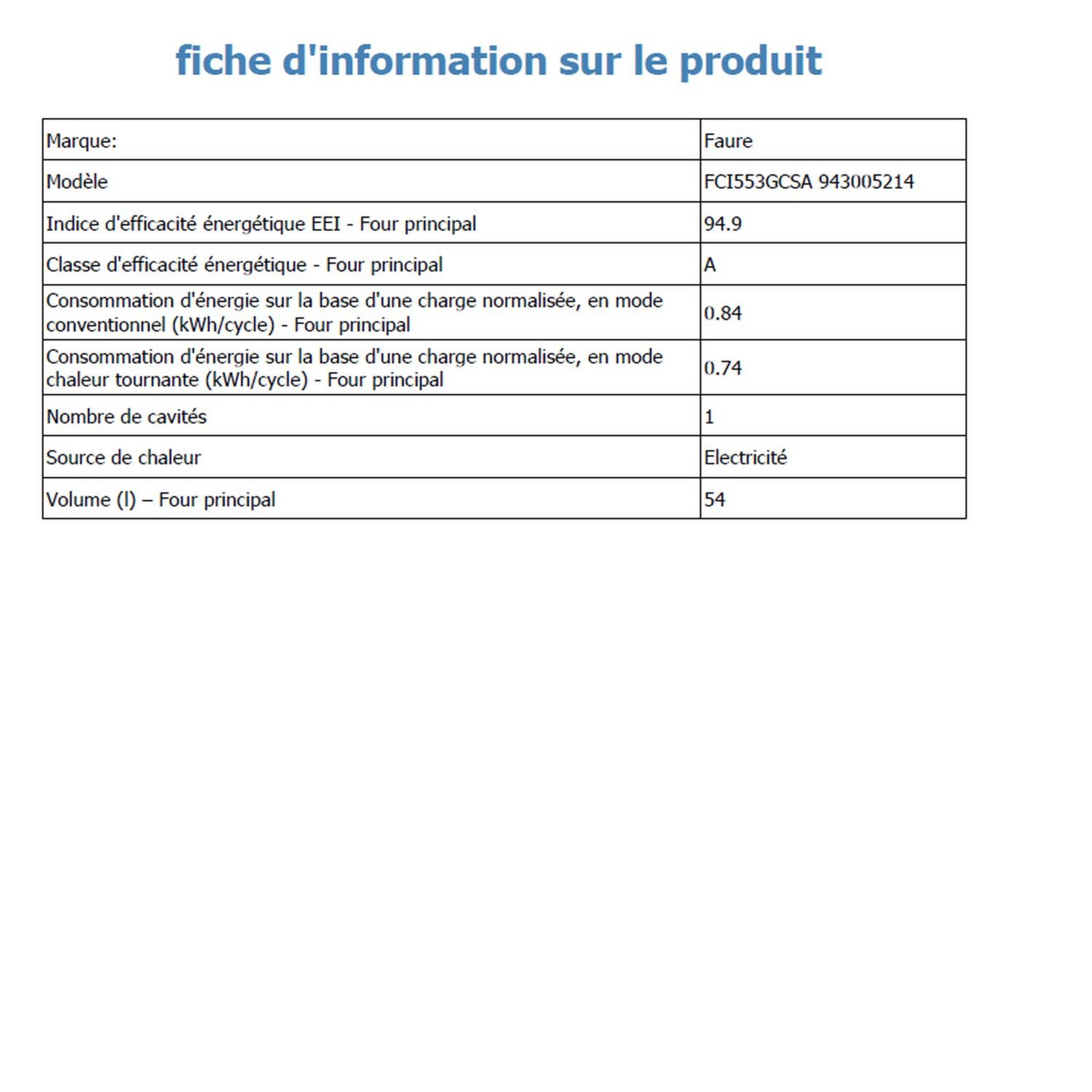 Voir la diapositive 3 : FAURE Cuisinière induction FCI553GCSA, 50 cm, 3 foyers induction, Four multifonction