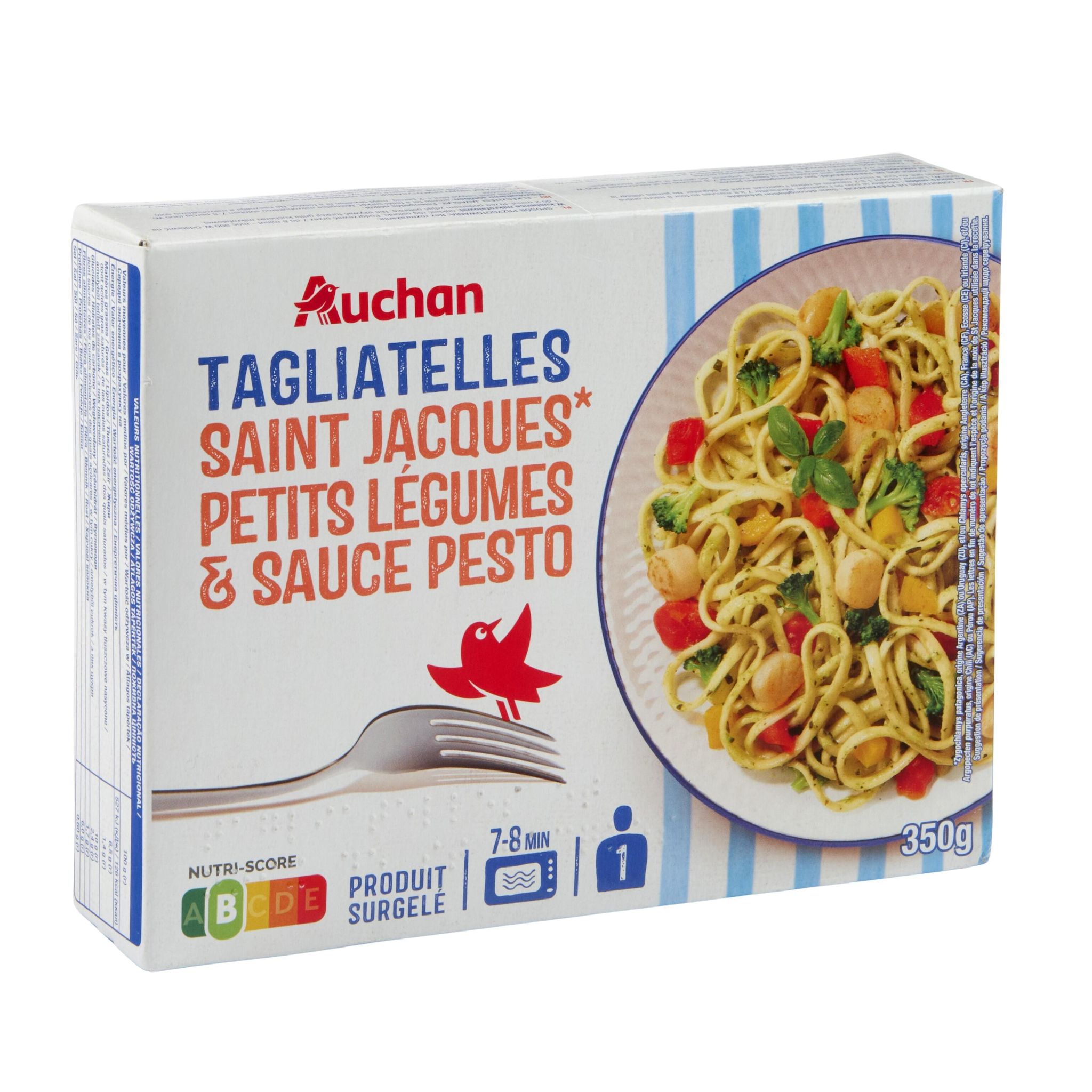 Voir la diapositive 2 : AUCHAN Tagliatelles noix de St Jacques et ses petits légumes sauce pesto 1 portion 350g