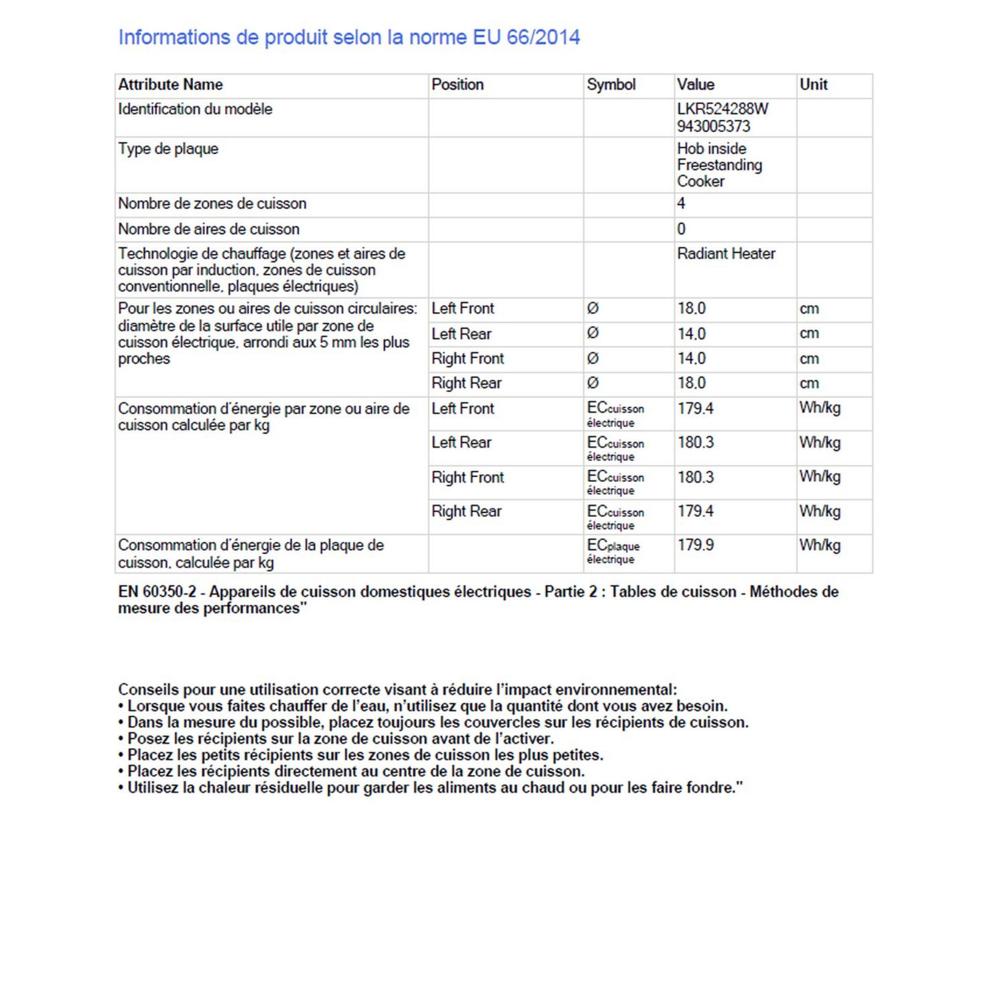 Voir la diapositive 2 : ELECTROLUX Cuisinière mixte KR524288W, 50 cm, 4 foyers vitrocéramique, Four multifonction