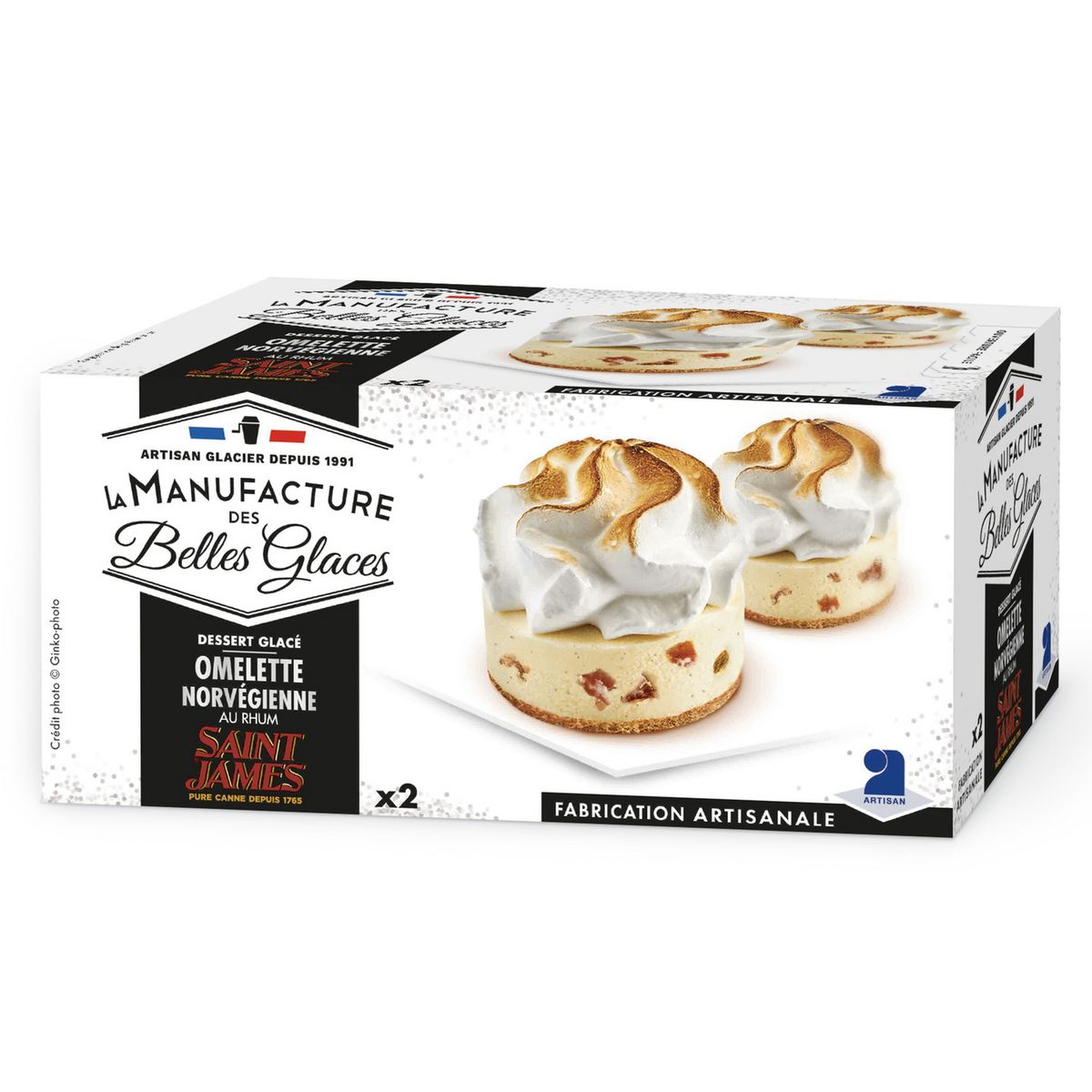 LA MANUFACTURE DES BELLES GLACES Dessert glacé omelette Norvégienne au rhum Saint James 2 pièces 144g