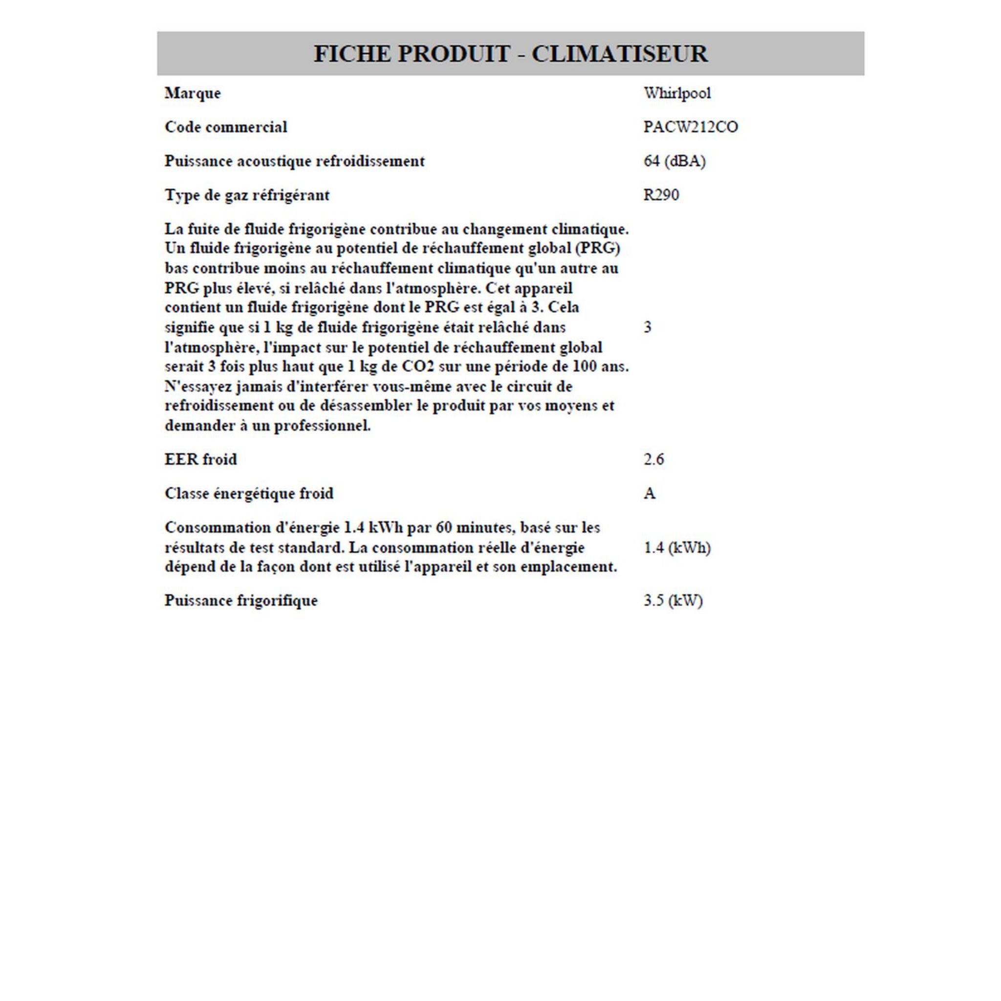 Voir la diapositive 5 : WHIRLPOOL Climatiseur mobile PACW212CO - Blanc