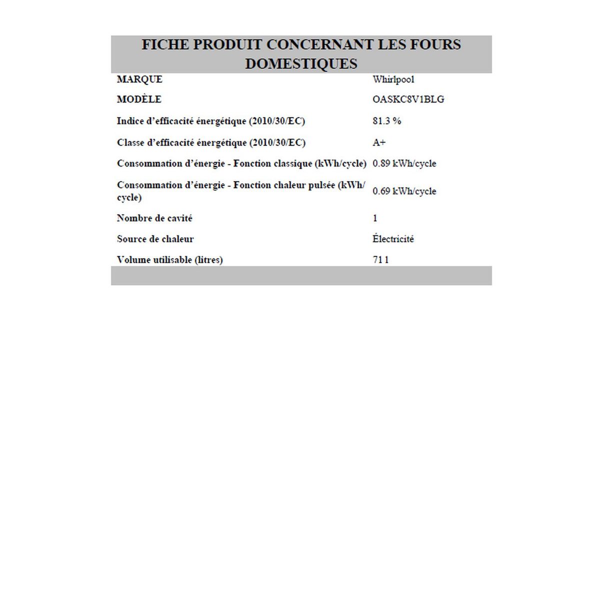 WHIRLPOOL Four encastrable OASKC8V1 BLG, 71 L, Multifonction, Nettoyage catalyse, A+