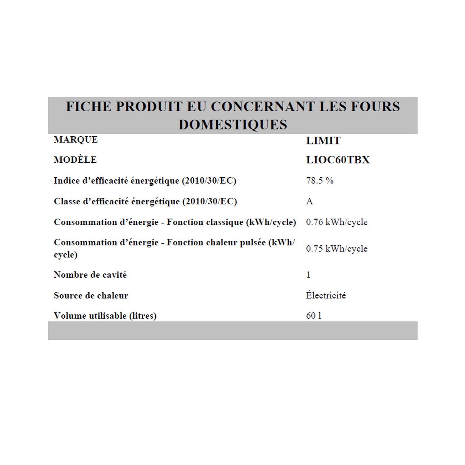 Voir la diapositive 2 : LIMIT Four encastrable LIOC60TBX, 60 L, Multifonction, Chaleur pulsée, Nettoyage catalyse