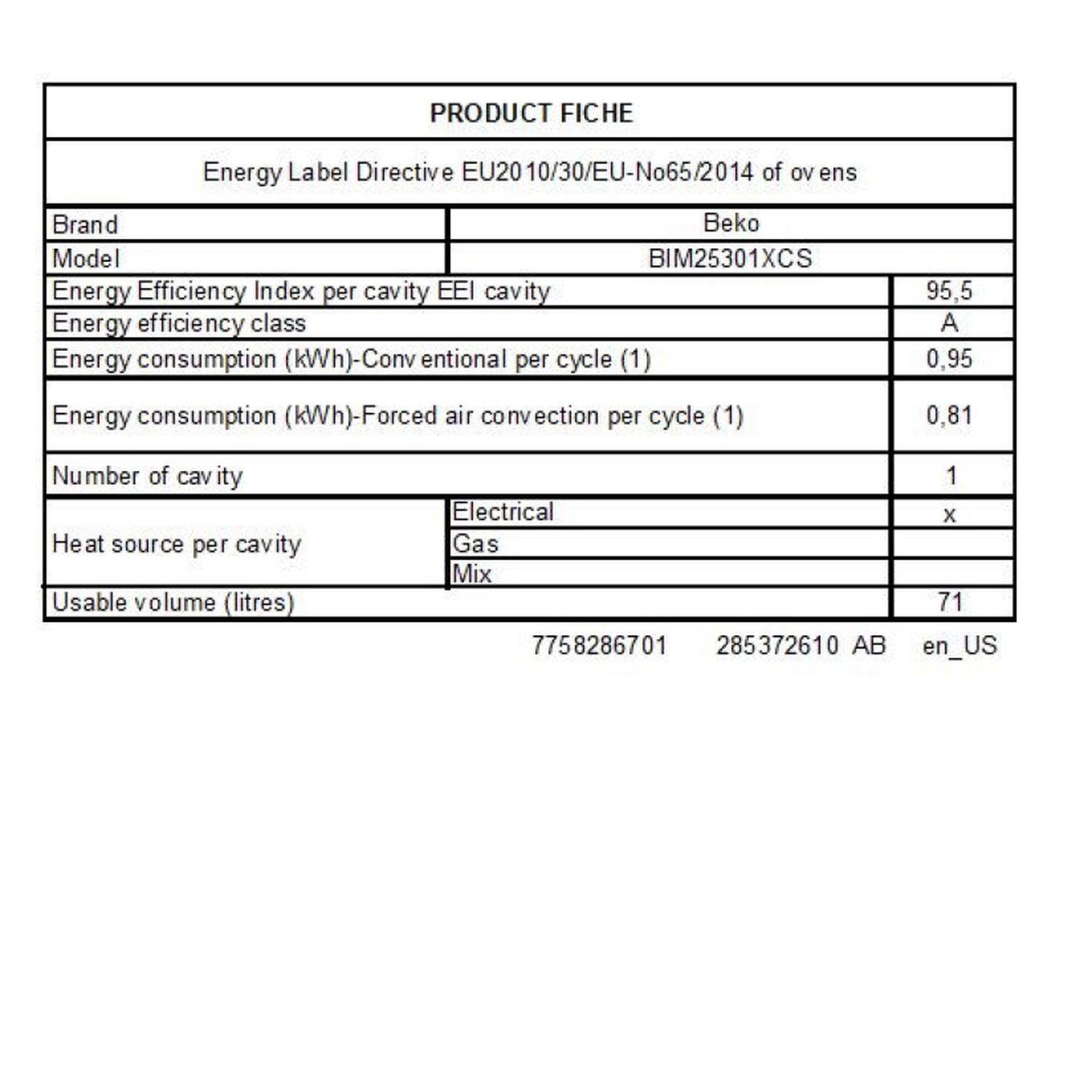 Voir la diapositive 2 : BEKO Four encastrable BIM26301XC, 71 L, Multifonction, Nettoyage catalyse et vapeur