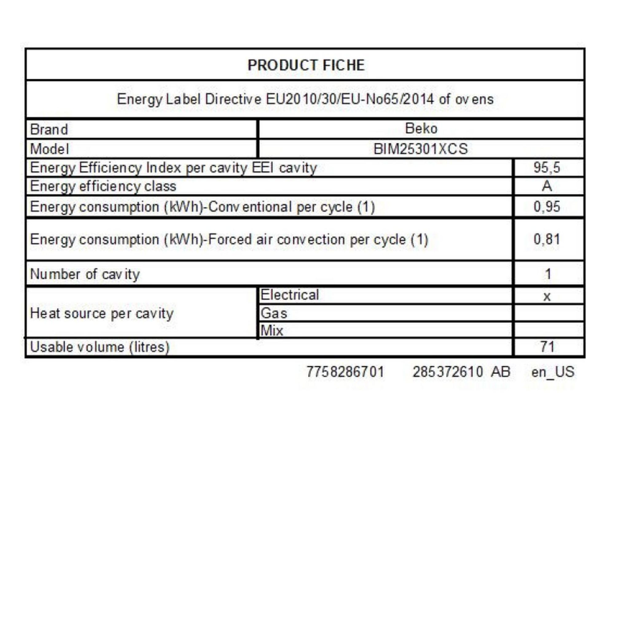 Voir la diapositive 2 : BEKO Four encastrable BIM26301XC, 71 L, Multifonction, Nettoyage catalyse et vapeur