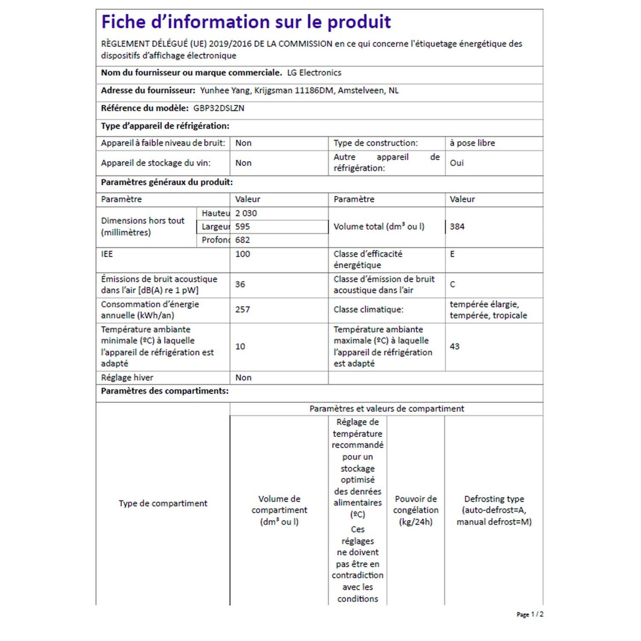 Voir la diapositive 5 : LG Réfrigérateur combiné GBP32DSLZN, 384 L, Froid ventilé No frost