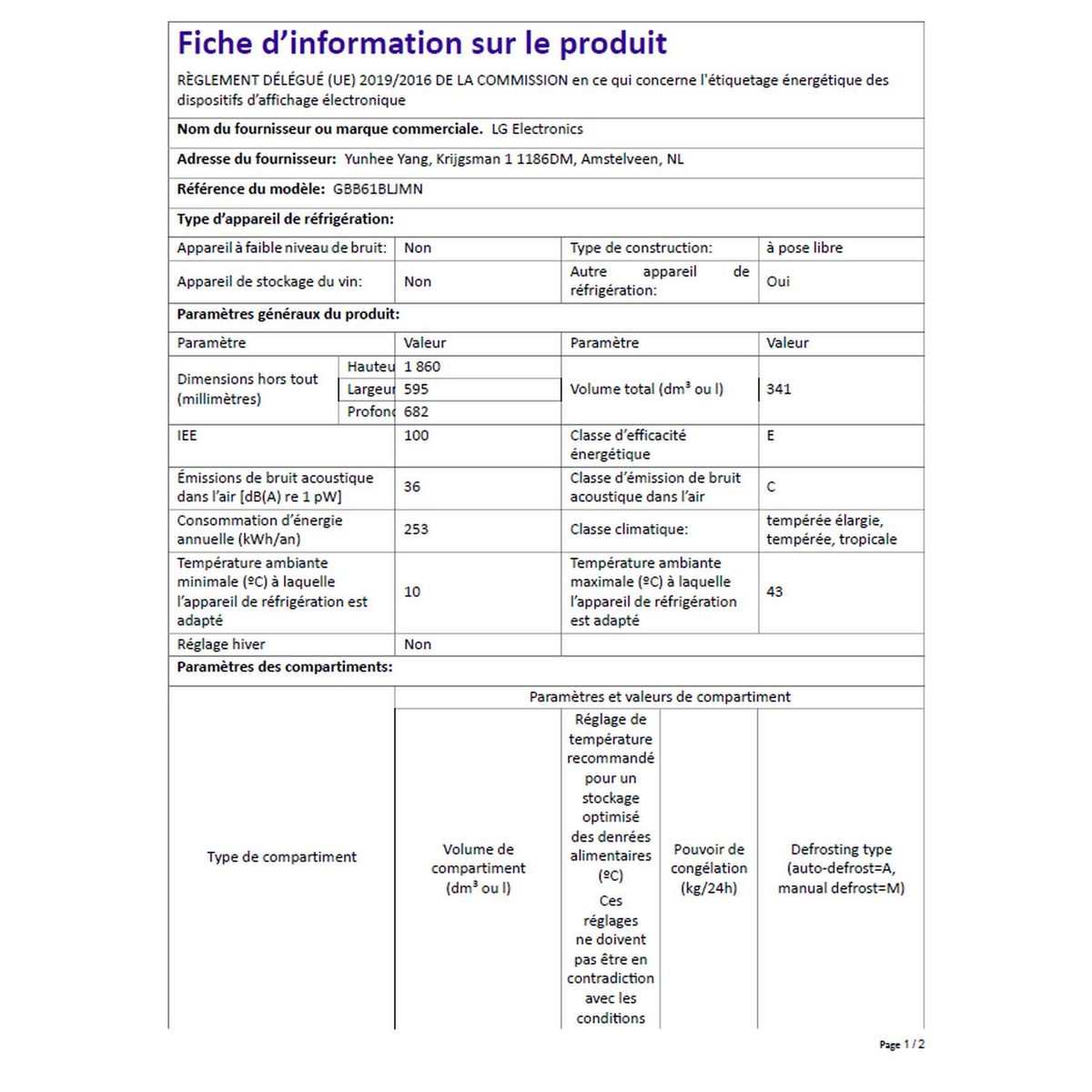 LG Réfrigérateur combiné GBB61BLJMN, 341 L, Froid ventilé No frost