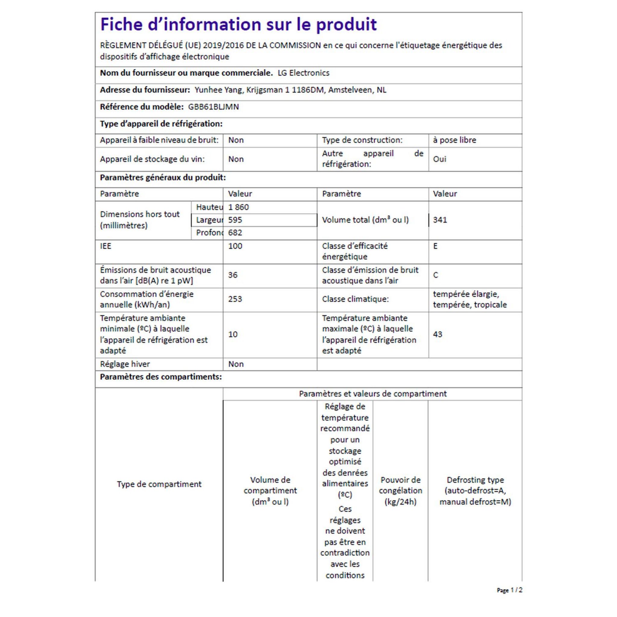 Voir la diapositive 6 : LG Réfrigérateur combiné GBB61BLJMN, 341 L, Froid ventilé No frost