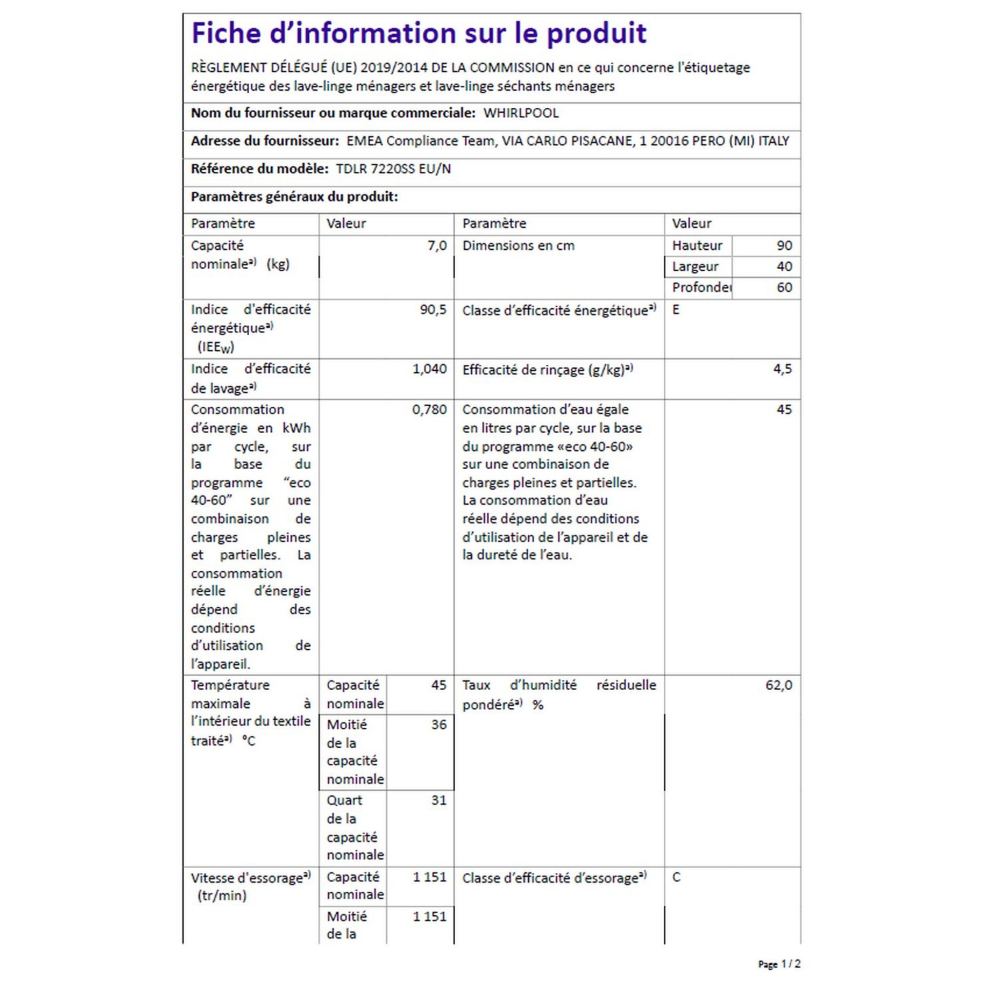 Voir la diapositive 5 : WHIRLPOOL Lave linge top TDLR 7220SS, 7 kg, 1200 T/min