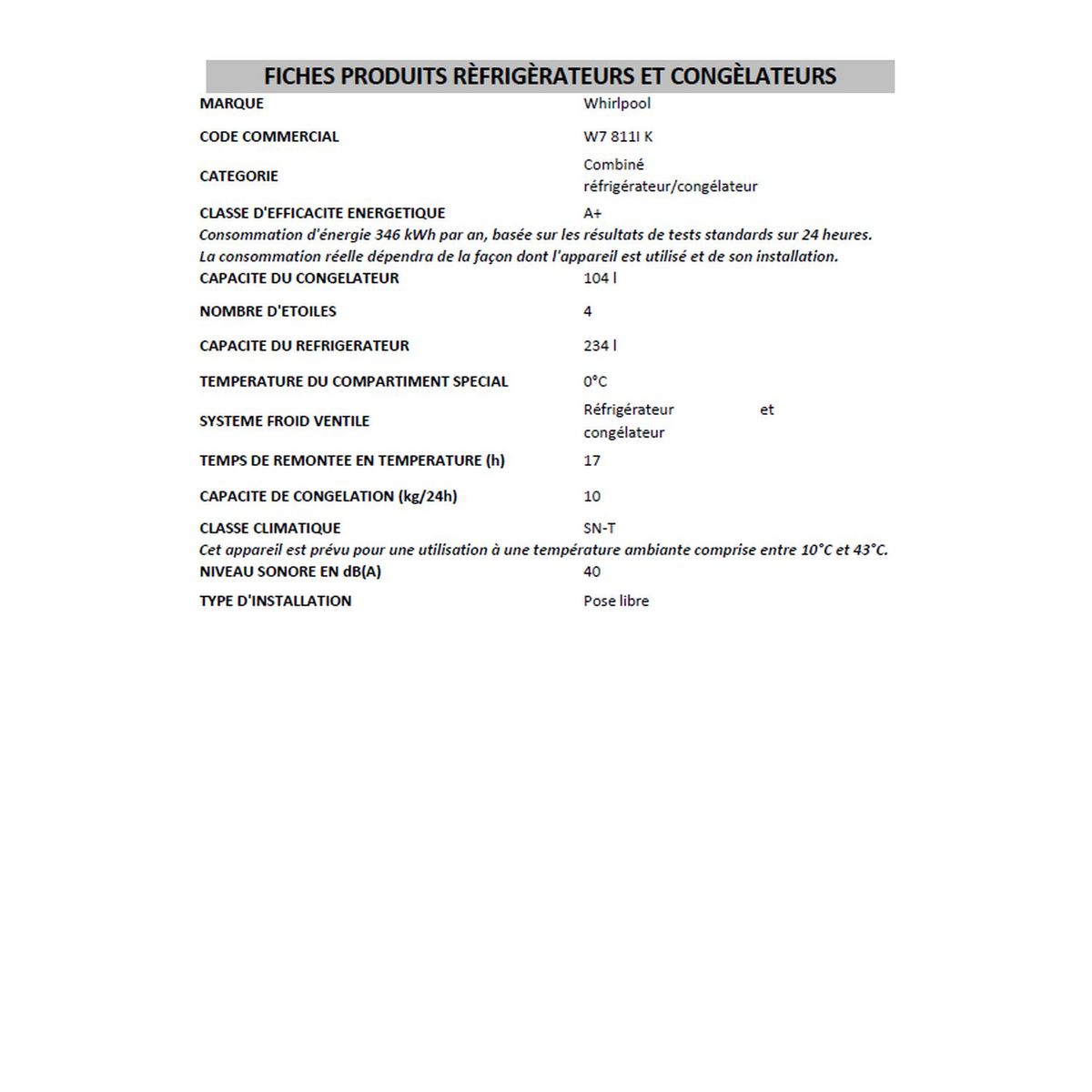 WHIRLPOOL Réfrigérateur combiné W7 811I K, 343 L, Froid ventilé No frost
