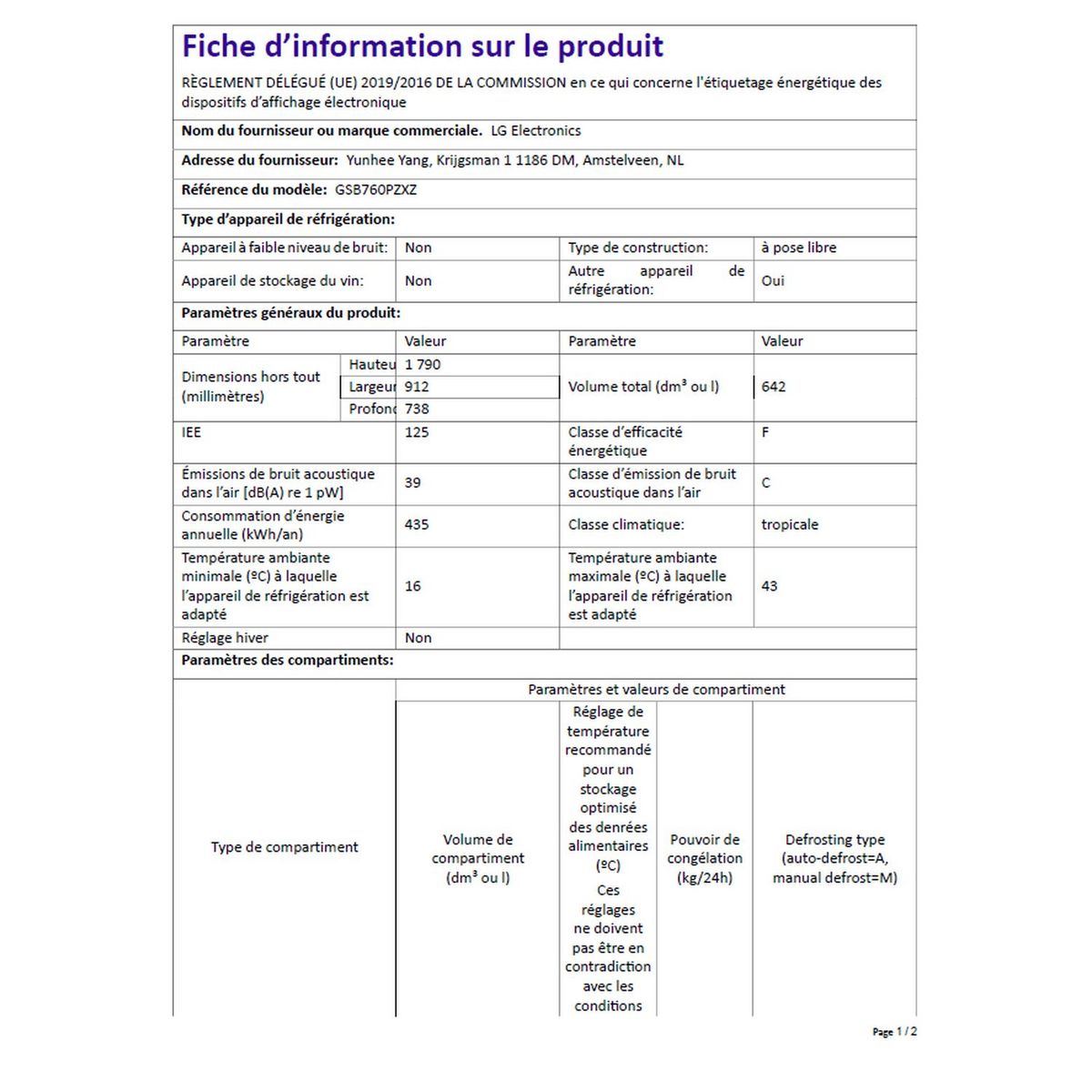 LG Réfrigérateur américain GSB760PZXZ, 642 L, Froid ventilé No frost