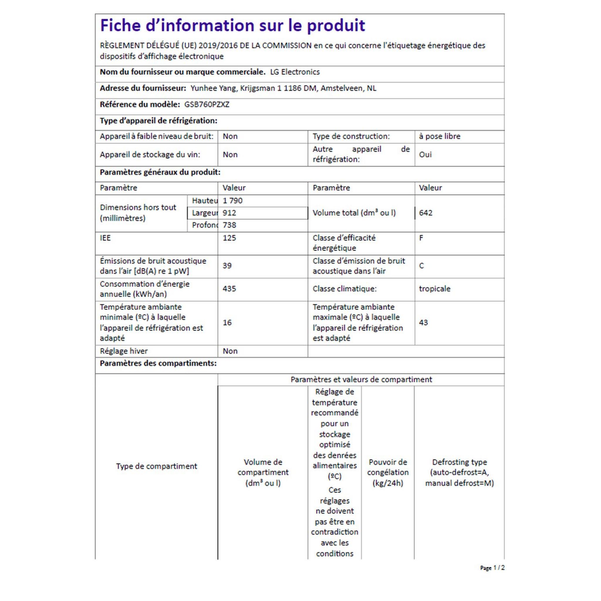 Voir la diapositive 6 : LG Réfrigérateur américain GSB760PZXZ, 642 L, Froid ventilé No frost