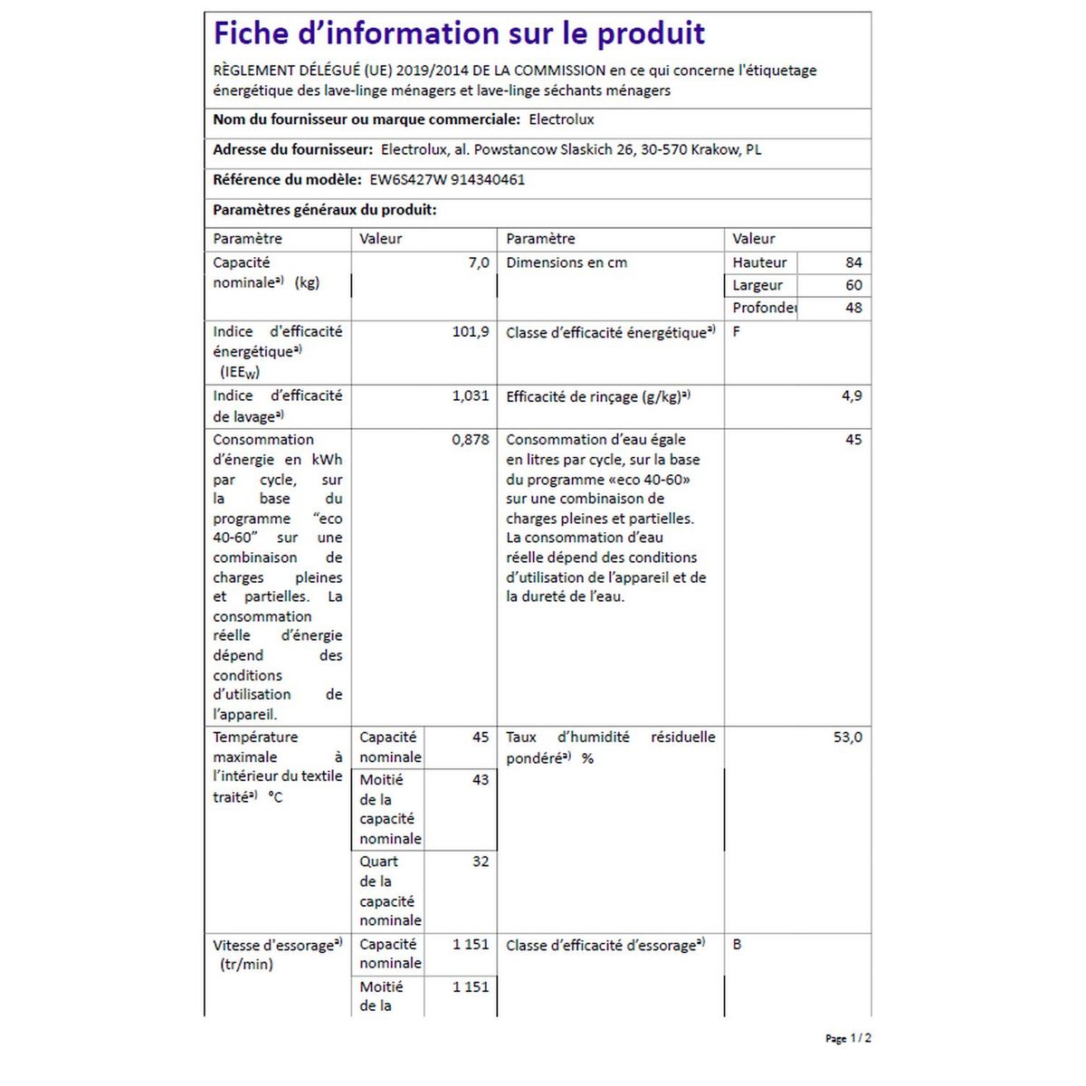 ELECTROLUX Lave linge hublot EW6S427, 7 kg, 1200 T/min