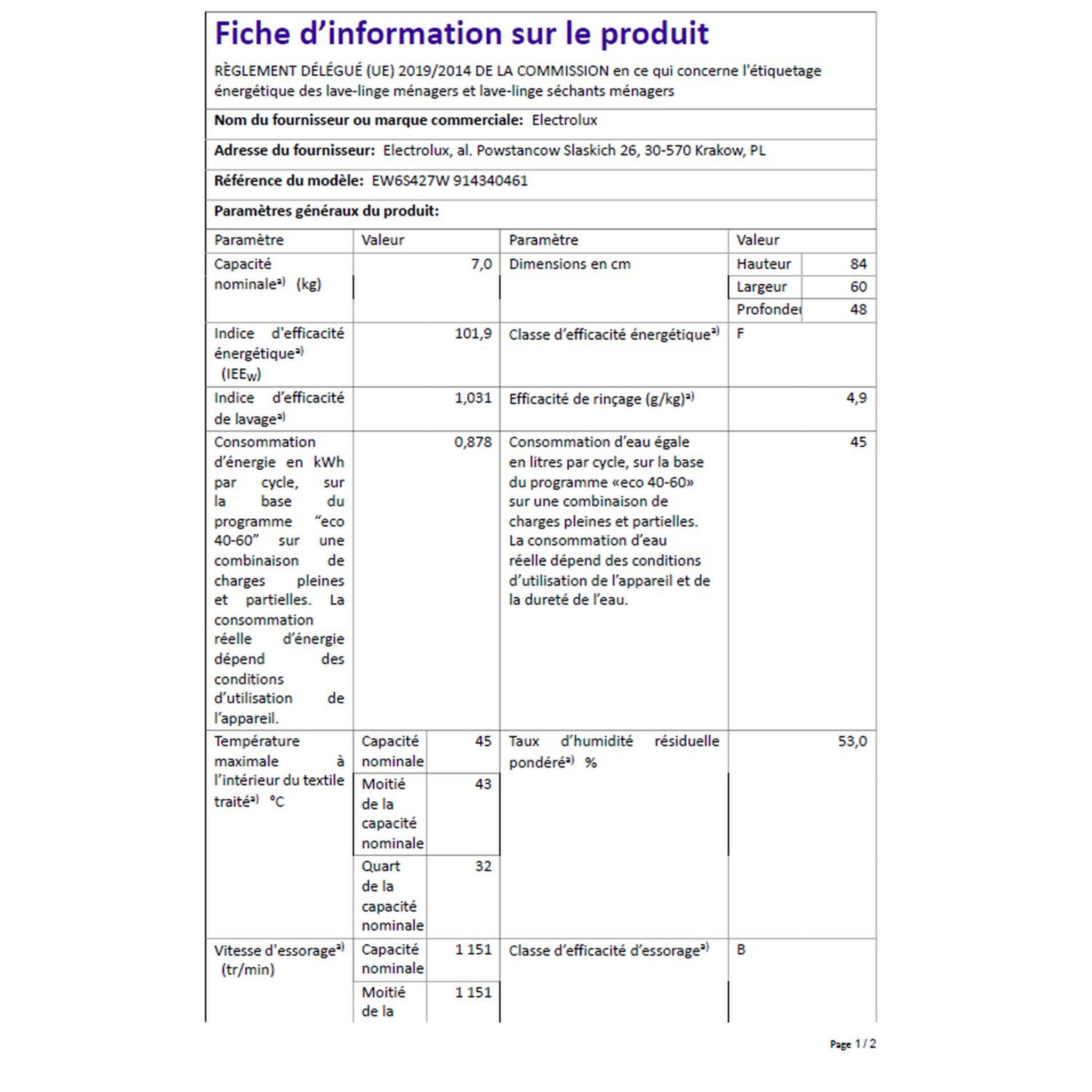 Voir la diapositive 4 : ELECTROLUX Lave linge hublot EW6S427, 7 kg, 1200 T/min