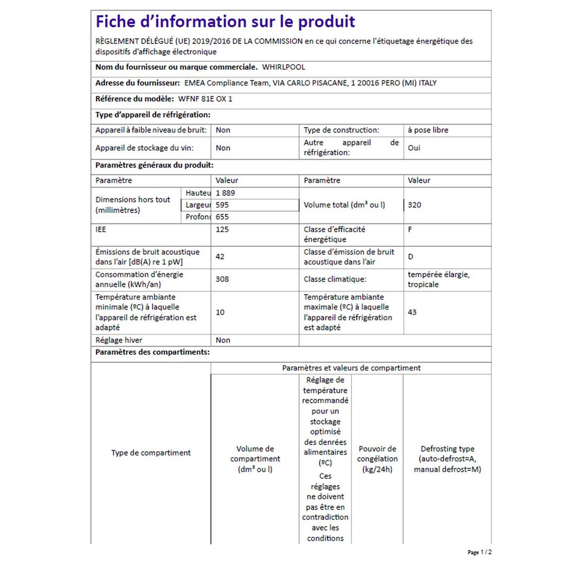 WHIRLPOOL Réfrigérateur combiné WFNF81EOX, 320 L, Froid ventilé No frost