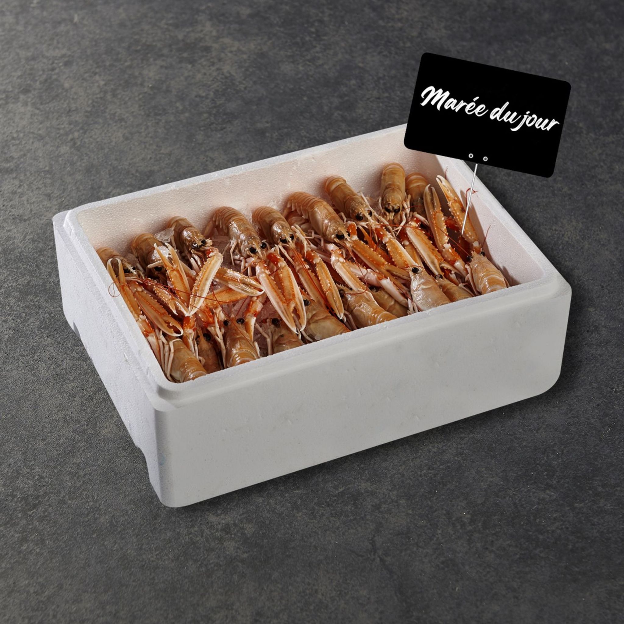 LA MARÉE DU JOUR Langoustines crues calibré 16 à 20 pièces la caisse de 3 kg