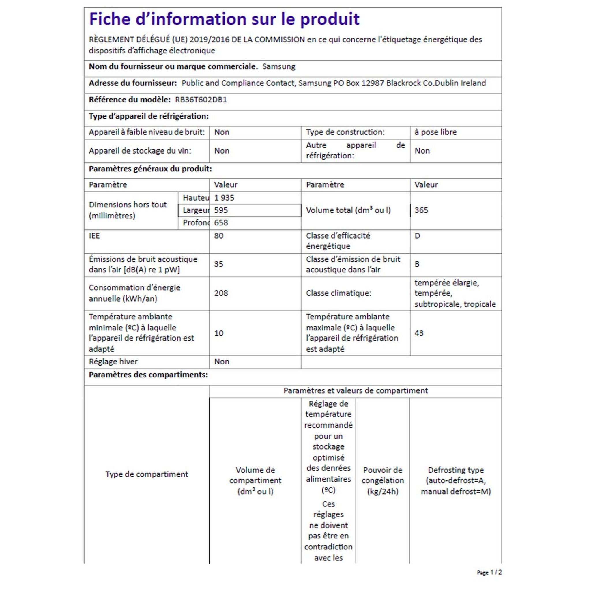 Voir la diapositive 4 : SAMSUNG Réfrigérateur combiné RB36T602EB1, 365 L, Froid ventilé No frost
