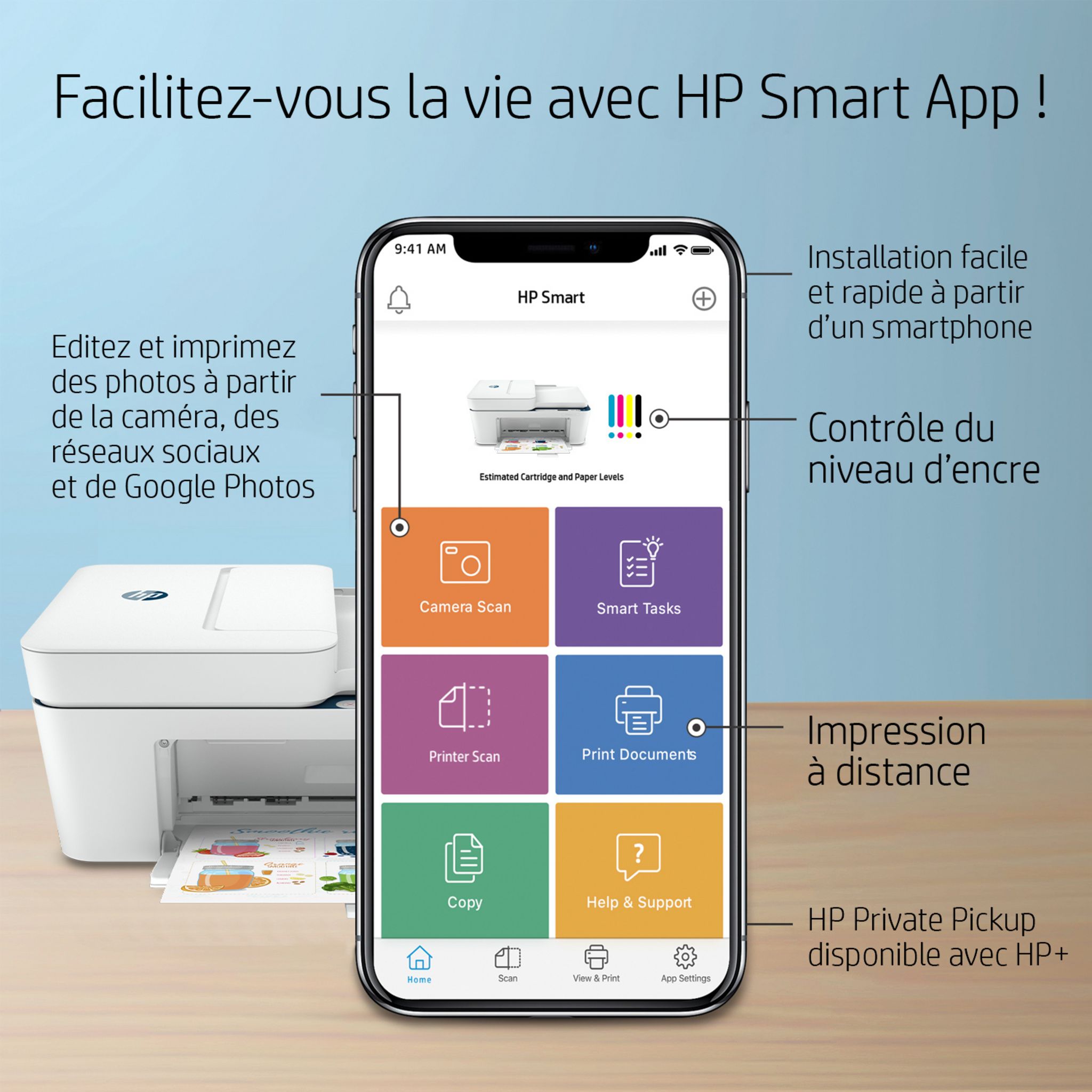 Voir la diapositive 6 : HP Imprimante multifonction Deskjet 4130e - Blanc et bleu - Compatible Instant Ink