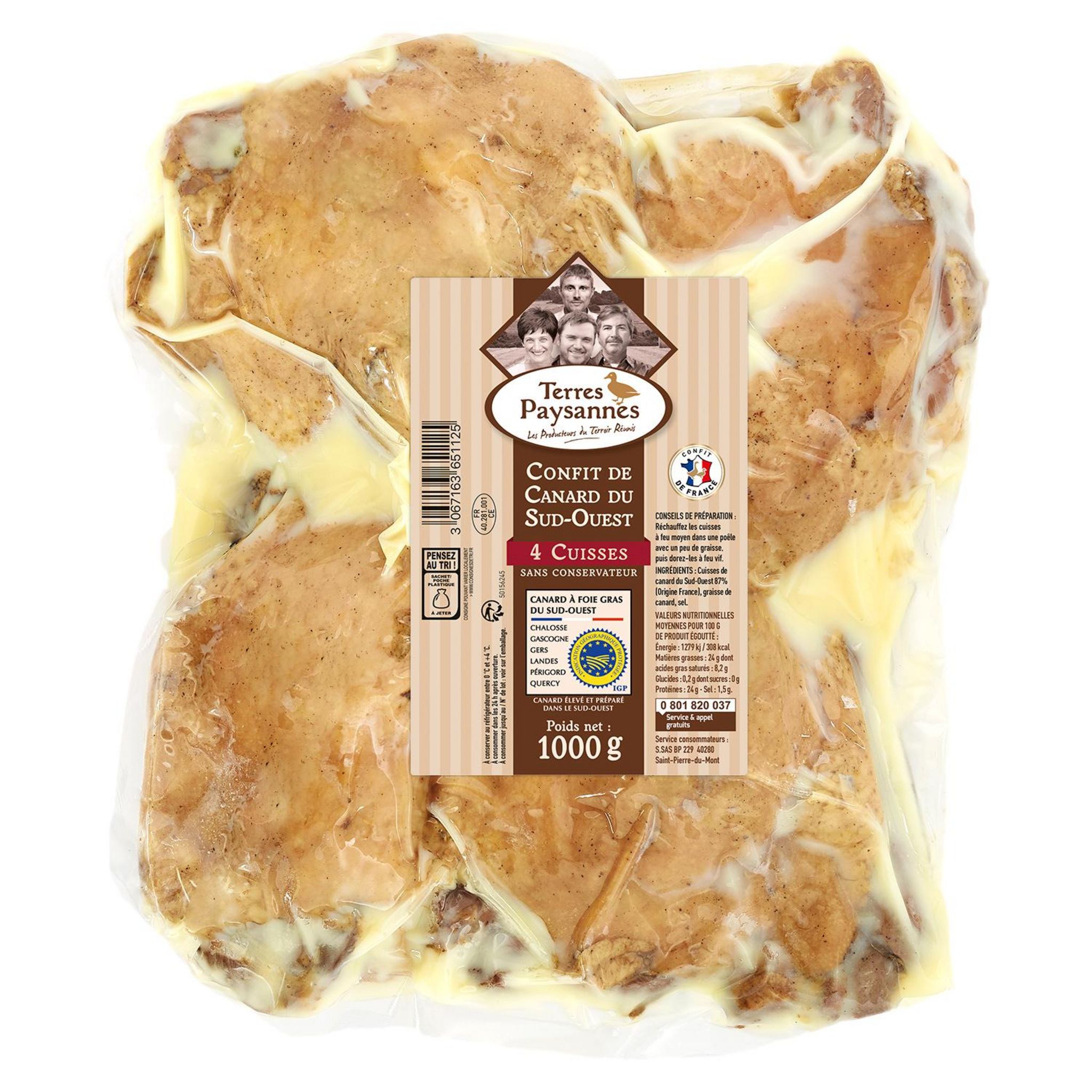 TERRES PAYSANNES Cuisses de canard confit du Sud-Ouest IGP 4 pièces 1kg