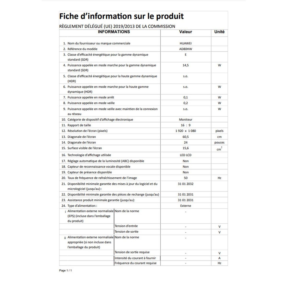 HUAWEI Ecran PC AD80HW 24 pouces - Noir