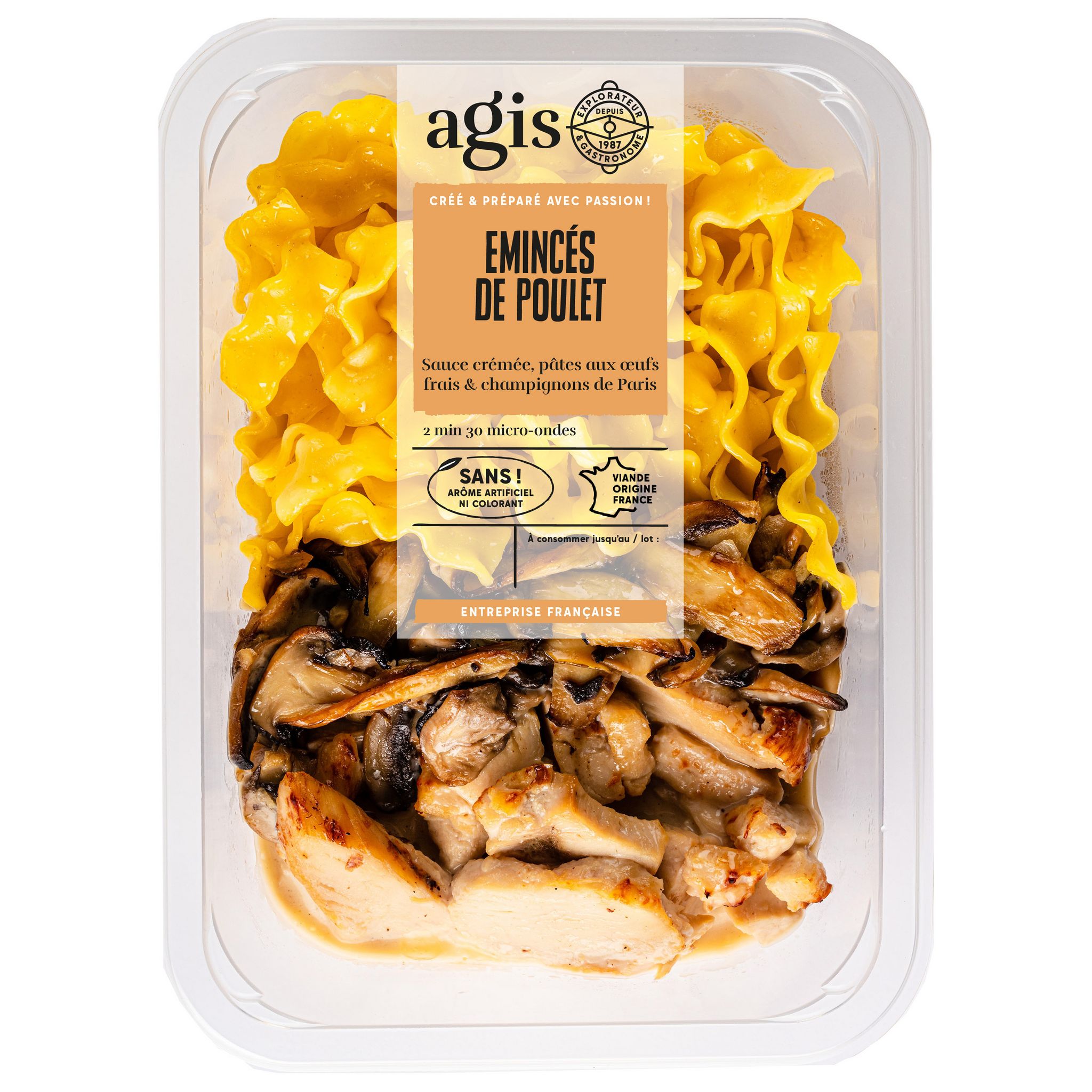 AGIS Emincés de poulet sauce crémée pâtes aux oeufs frais et champignons de Paris 320g