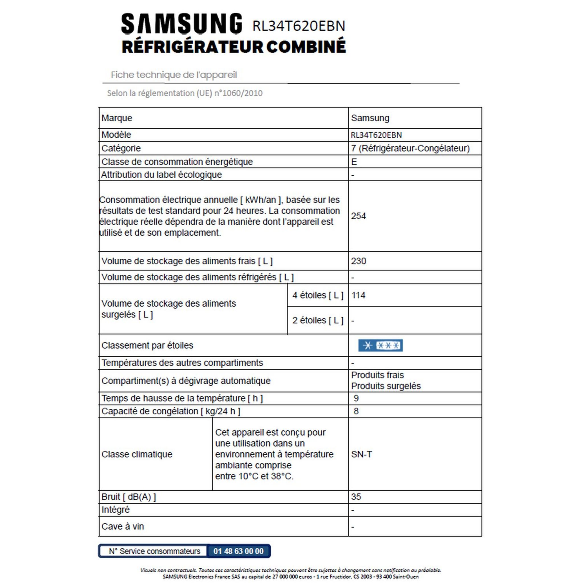 Voir la diapositive 9 : SAMSUNG Réfrigérateur combiné RL34T620EBN, 344 L, Froid ventilé No frost, E