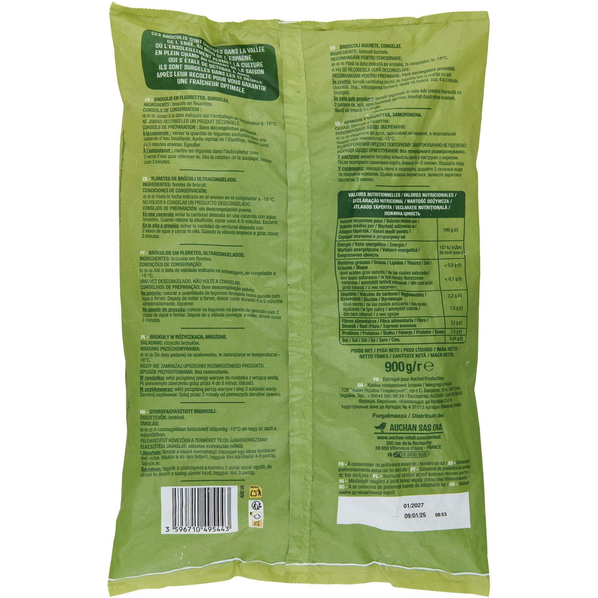 Voir la diapositive 2 : AUCHAN Brocolis en fleurettes 5 portions 900g