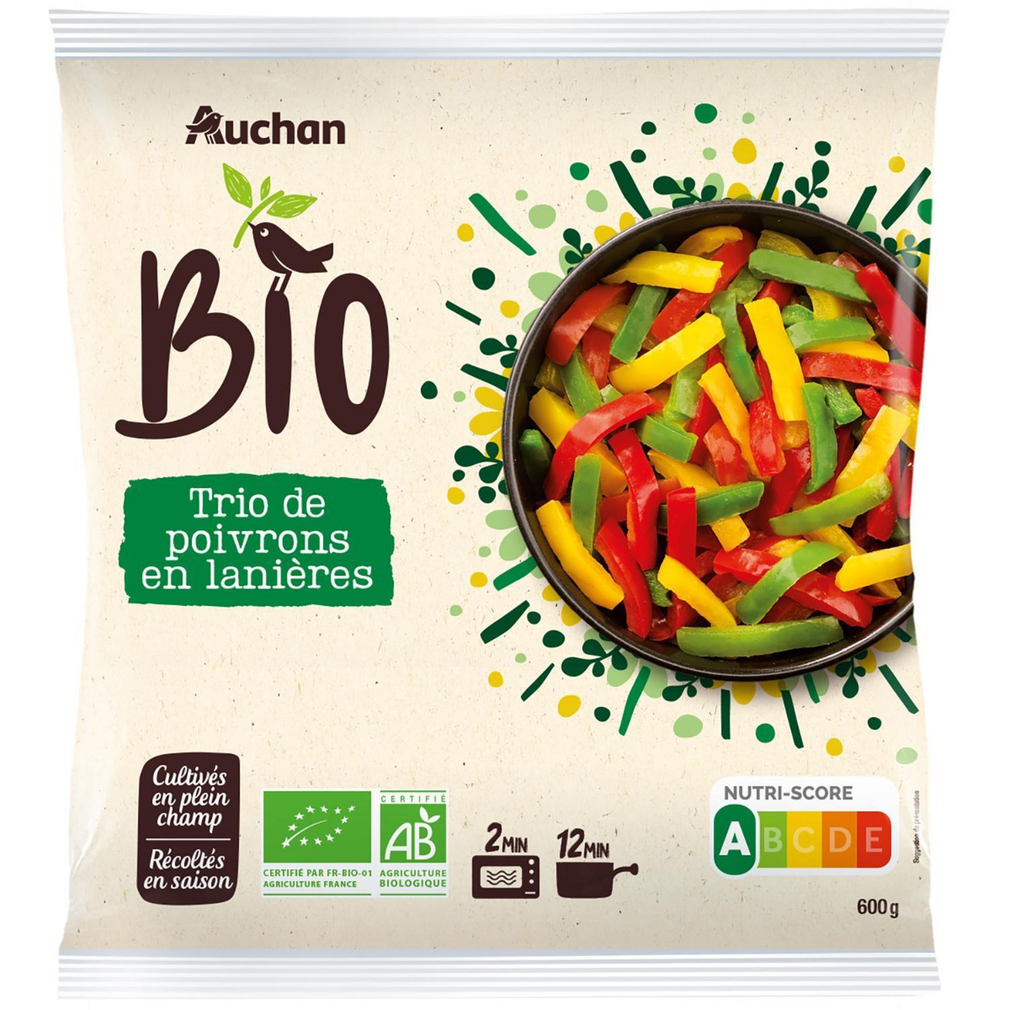 Voir la diapositive 2 : AUCHAN BIO Trio de poivrons en lanières 3 portions 600g