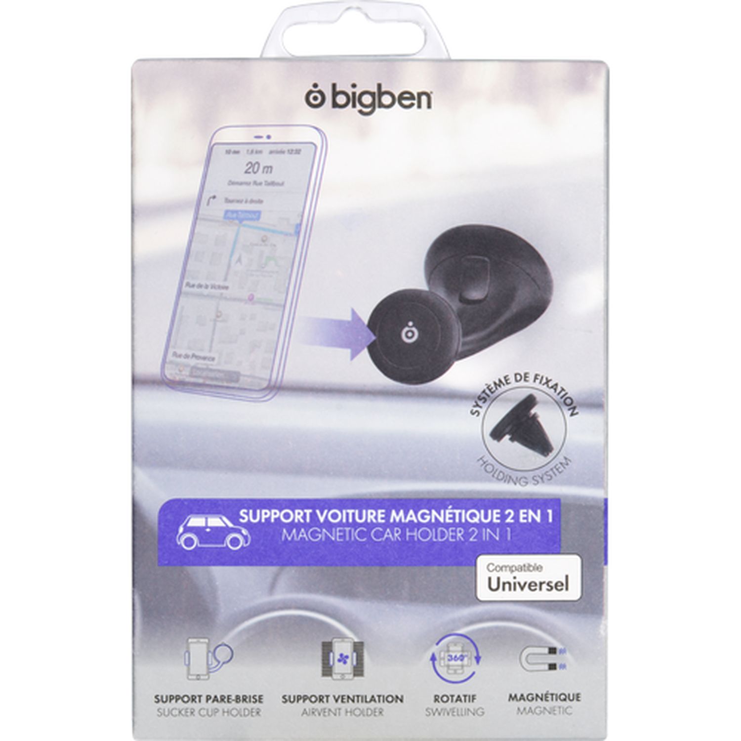Voir la diapositive 2 : BIGBEN Support voiture Aimanté sur pare brise+Ventilation - Noir