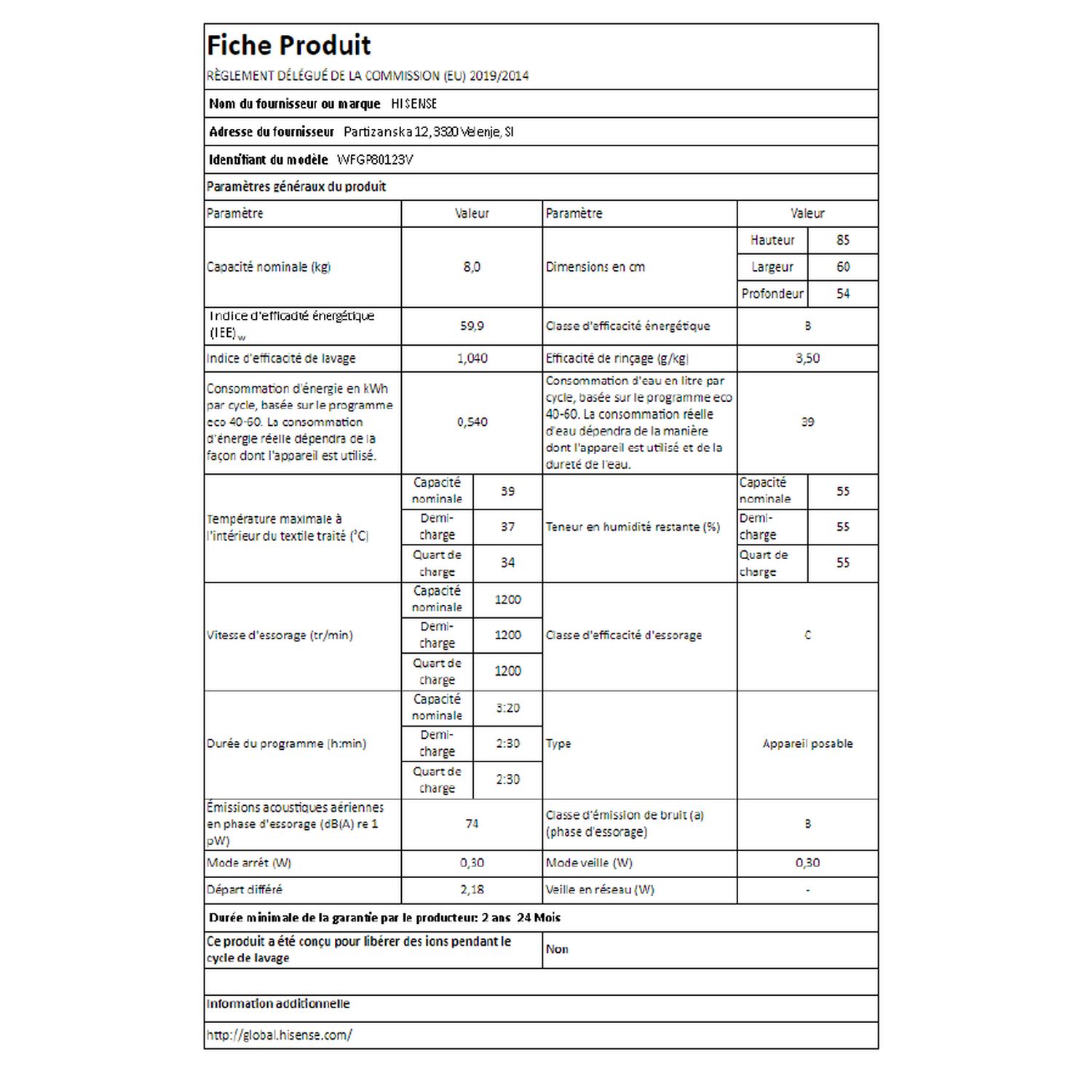Voir la diapositive 4 : HISENSE Lave linge hublot WFGP80123V, 8 kg, 1200 T/min, B