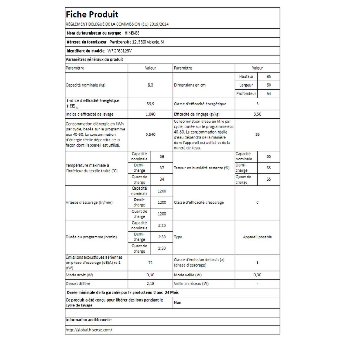 HISENSE Lave linge hublot WFGP80123V, 8 kg, 1200 T/min, B