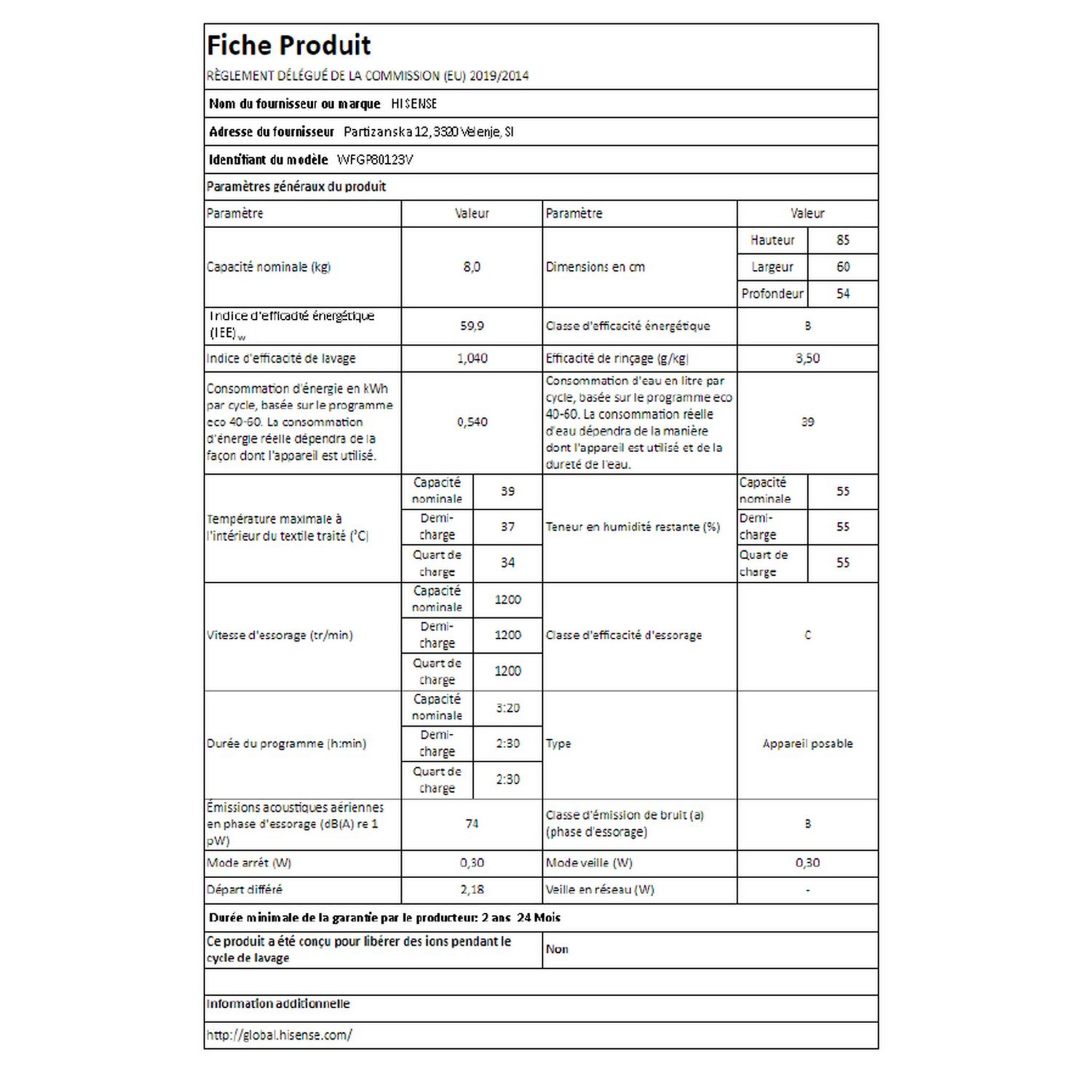 Voir la diapositive 4 : HISENSE Lave linge hublot WFGP80123V, 8 kg, 1200 T/min, B
