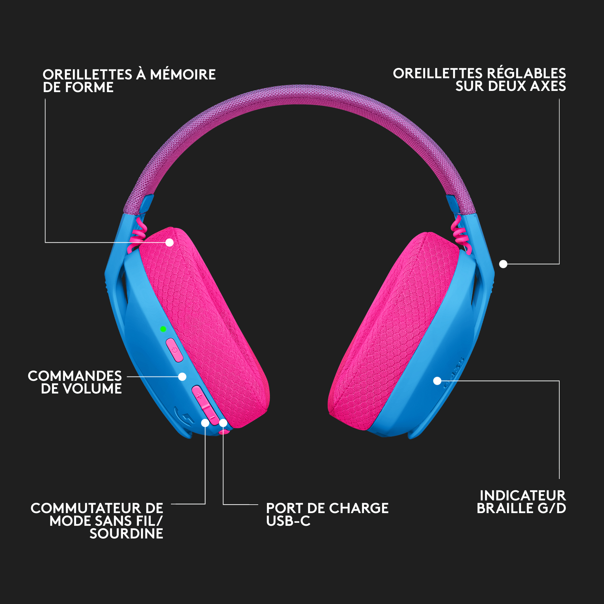 Voir la diapositive 8 : LOGITECH Casque GAM G435 BLE - Bleu et rose