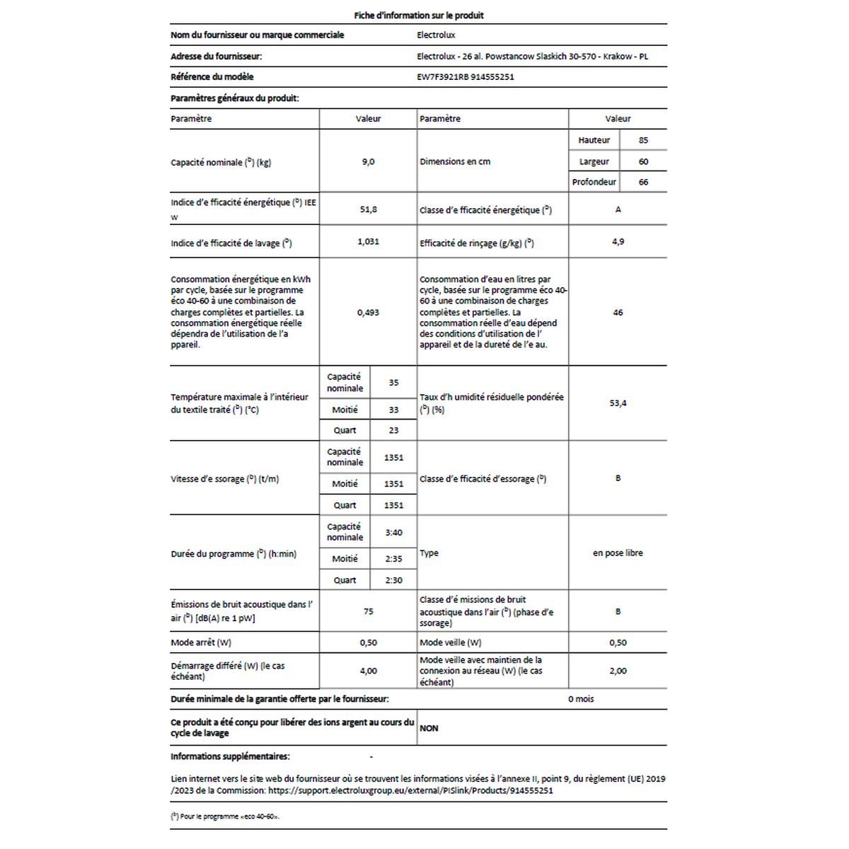 ELECTROLUX Lave linge hublot EW7F3921RB, 9 kg, 1400 T/min, A