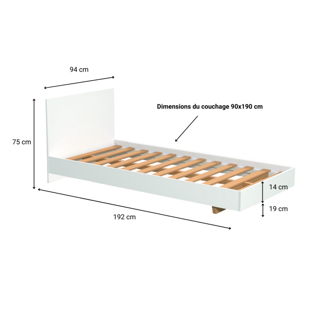 Lit 90x190cm avec tête de lit LAGOS