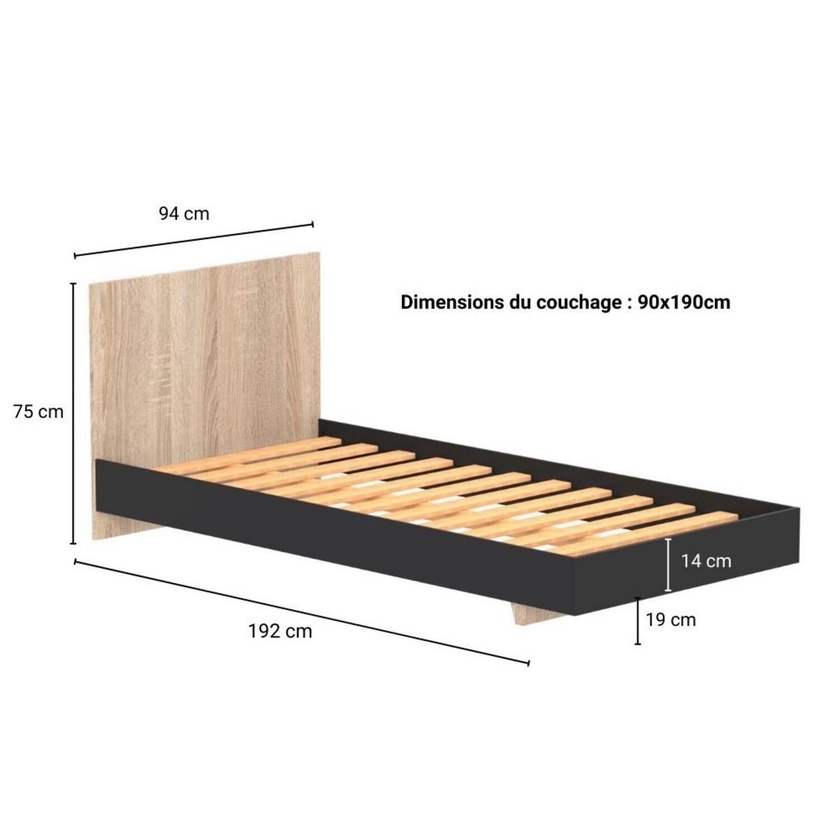 Lit 90x190cm avec tête de lit LAGOS