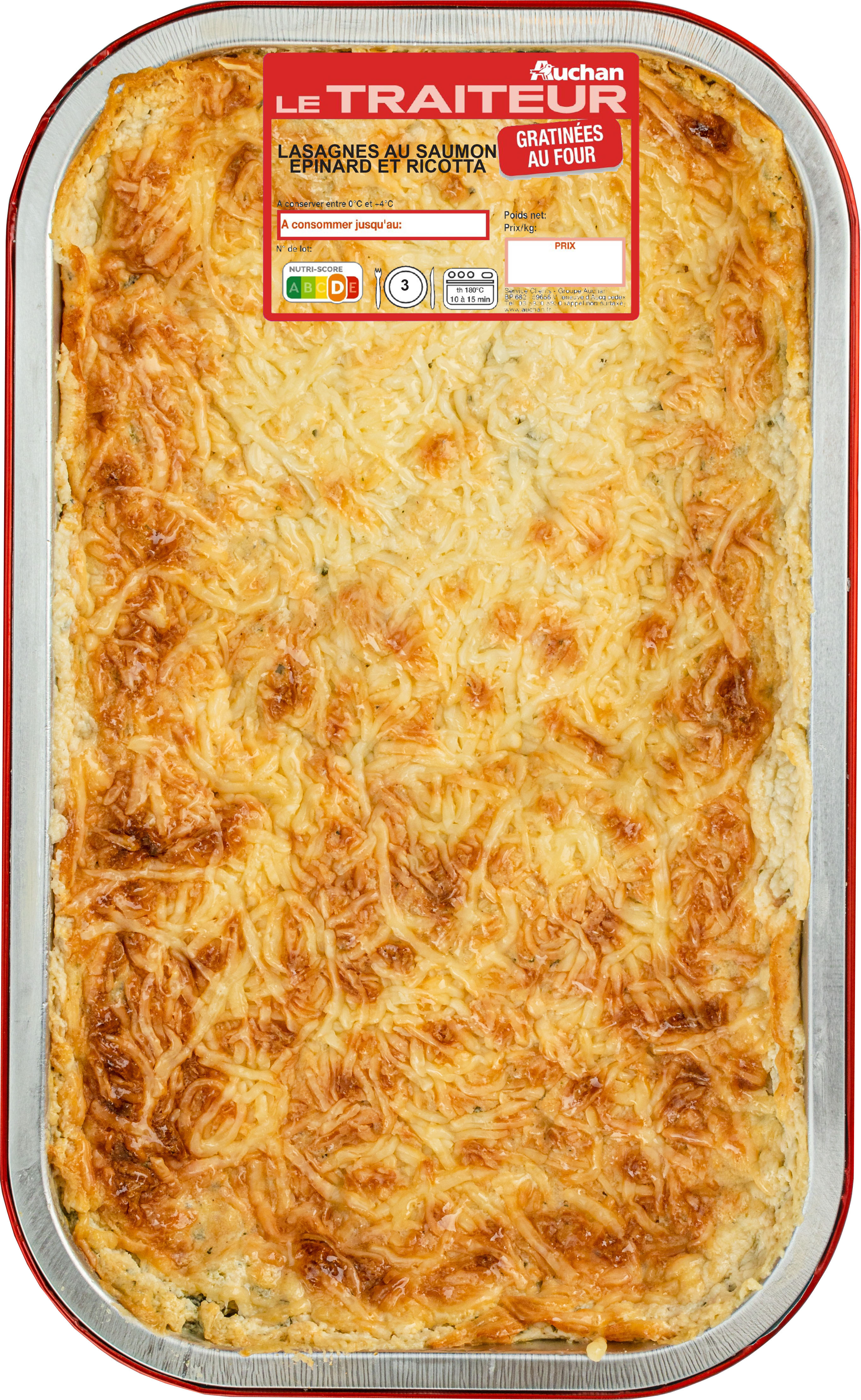 Voir la diapositive 2 : AUCHAN LE TRAITEUR Lasagnes au saumon épinards et ricotta gratinées au four 3 parts 1kg