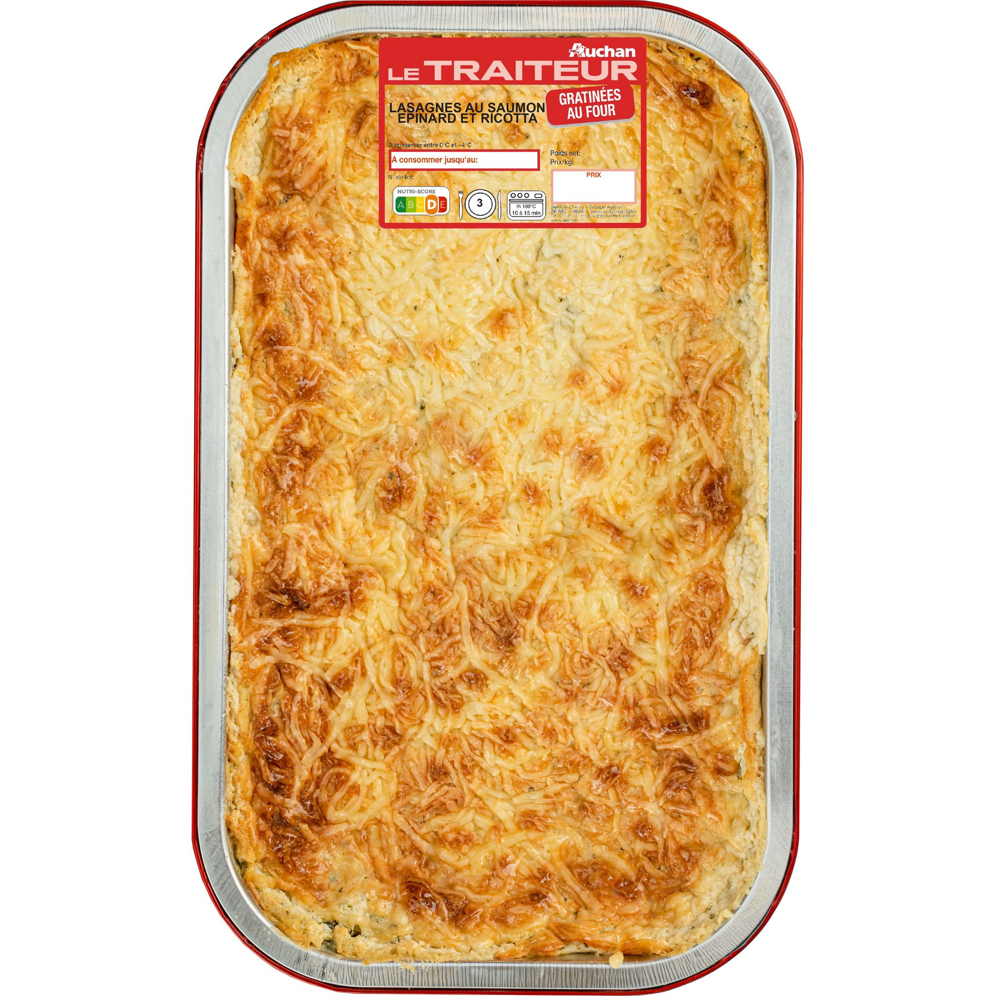 Voir la diapositive 2 : AUCHAN LE TRAITEUR Lasagnes au saumon épinards et ricotta gratinées au four 3 parts 1kg
