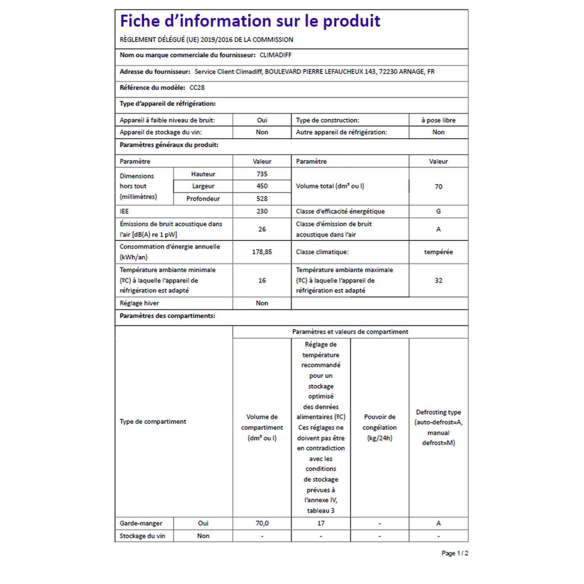 Voir la diapositive 9 : CLIMADIFF Cave de service CC28, 28 bouteilles, 26 dB, Porte vitrée, G