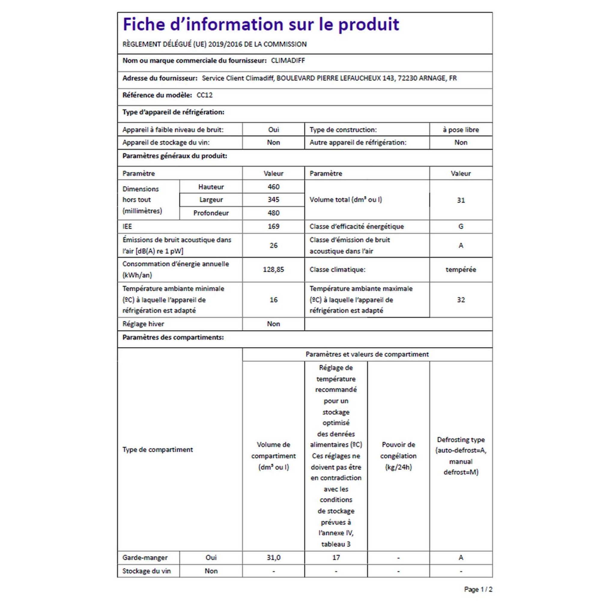Voir la diapositive 10 : CLIMADIFF Cave de service CC12, 12 bouteilles, 26 dB, Porte vitrée, G