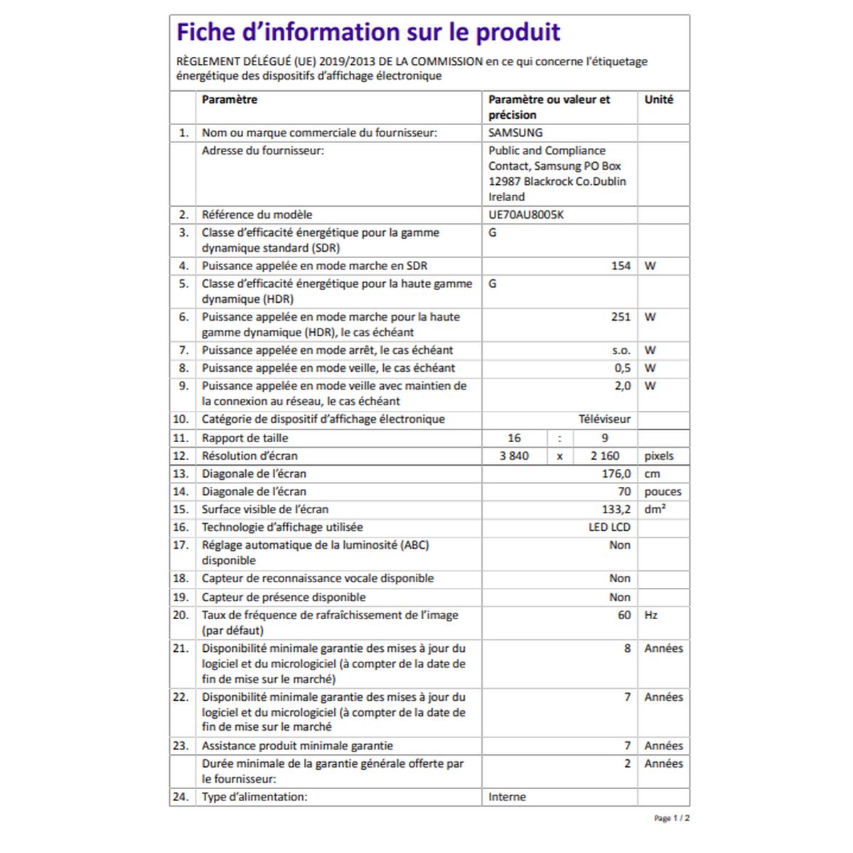 Voir la diapositive 8 : SAMSUNG UE70AU8005KXXC TV LED 4K Ultra HD 176 cm Smart TV