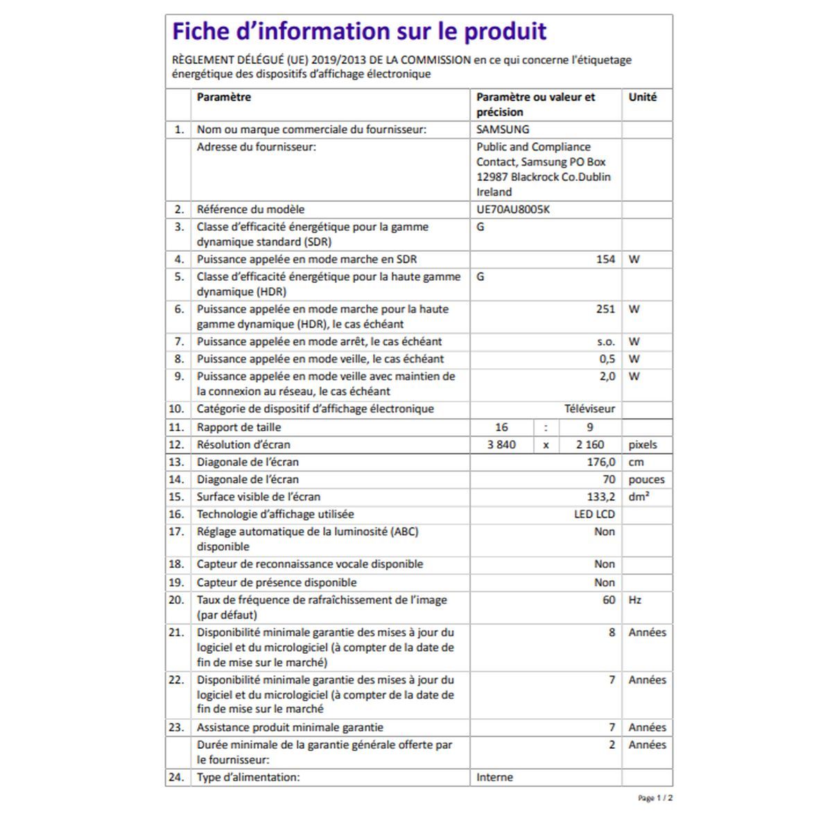 SAMSUNG UE70AU8005KXXC TV LED 4K Ultra HD 176 cm Smart TV