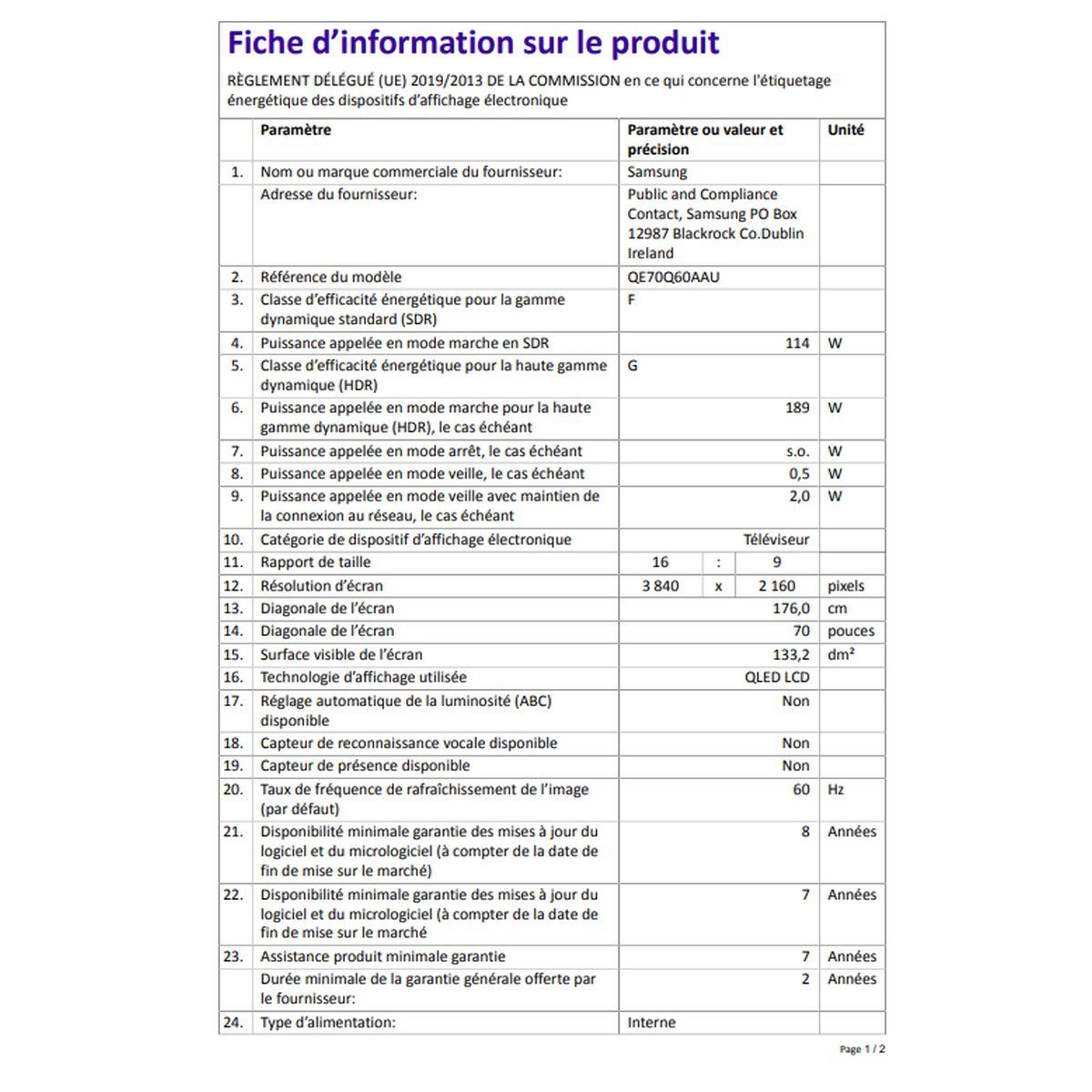 SAMSUNG TV QLED 4K QE70Q60AA Ultra HD 176 cm Smart TV