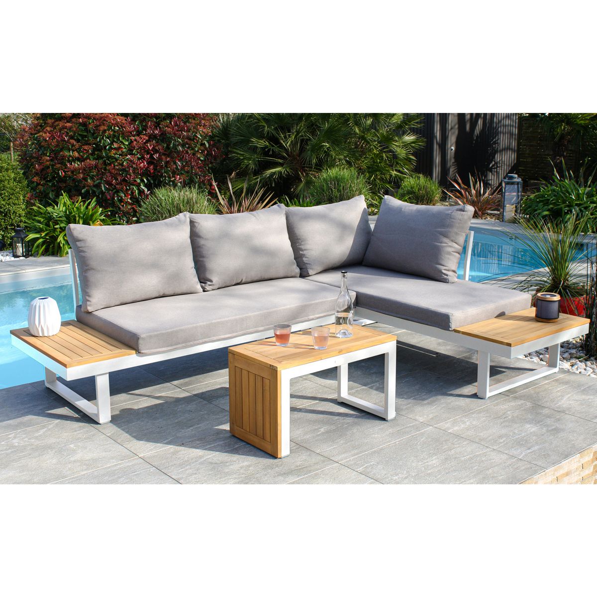 DCB GARDEN Salon bas de jardin - 4 places - Bois/Aluminium - Blanc - TOKYO