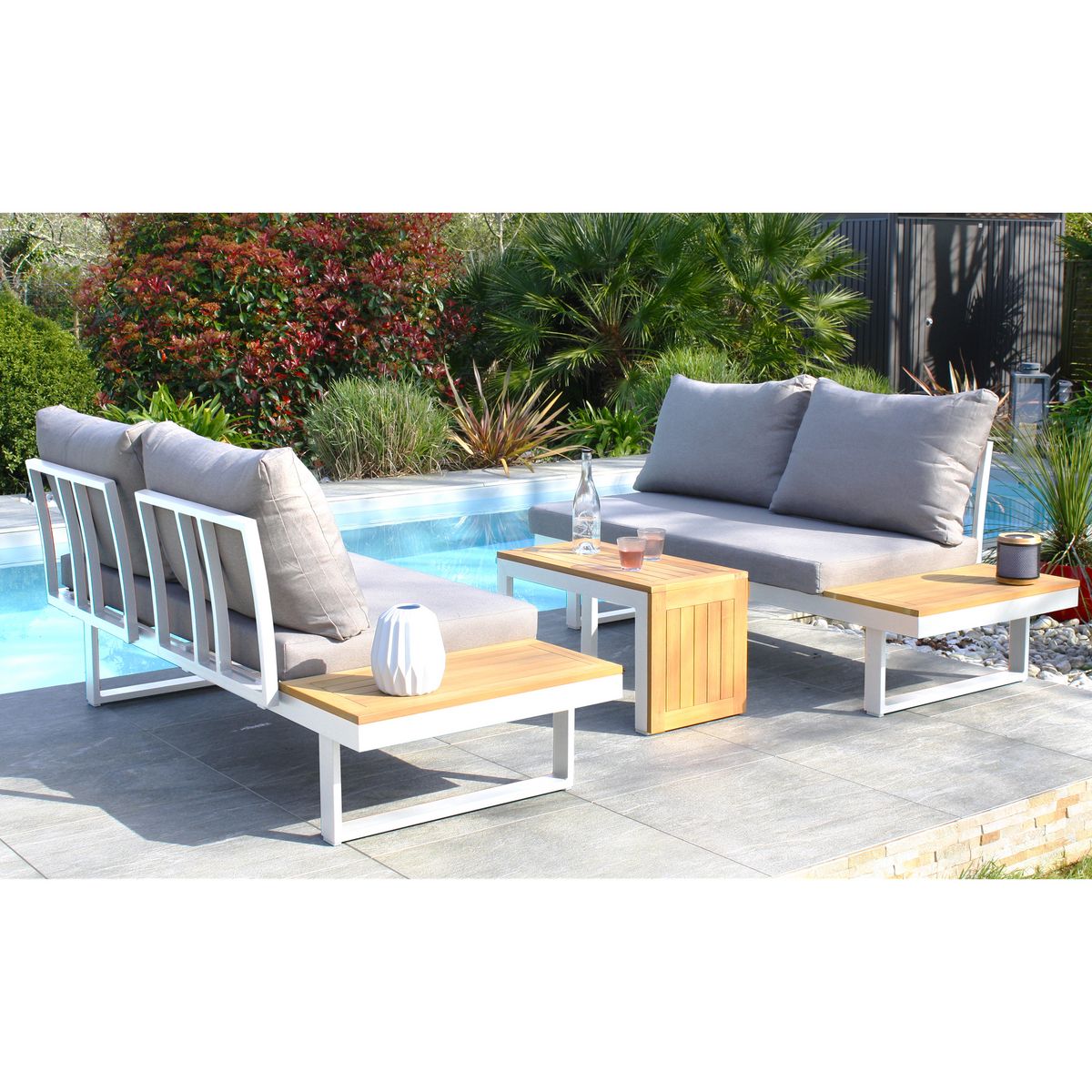 DCB GARDEN Salon bas de jardin - 4 places - Bois/Aluminium - Blanc - TOKYO