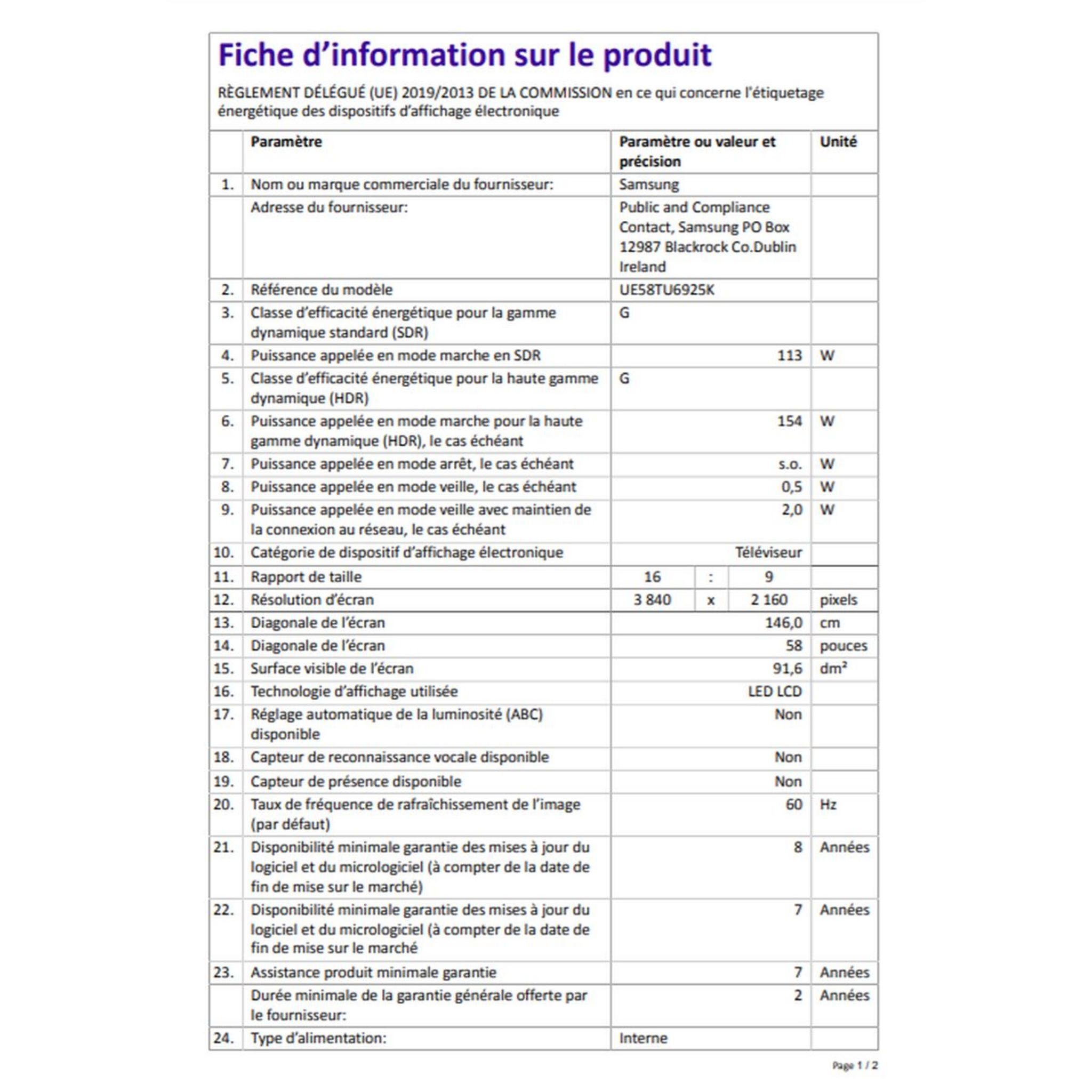 Voir la diapositive 6 : SAMSUNG UE58TU6925 TV LED  4K Ultra HD 146 cm Smart TV