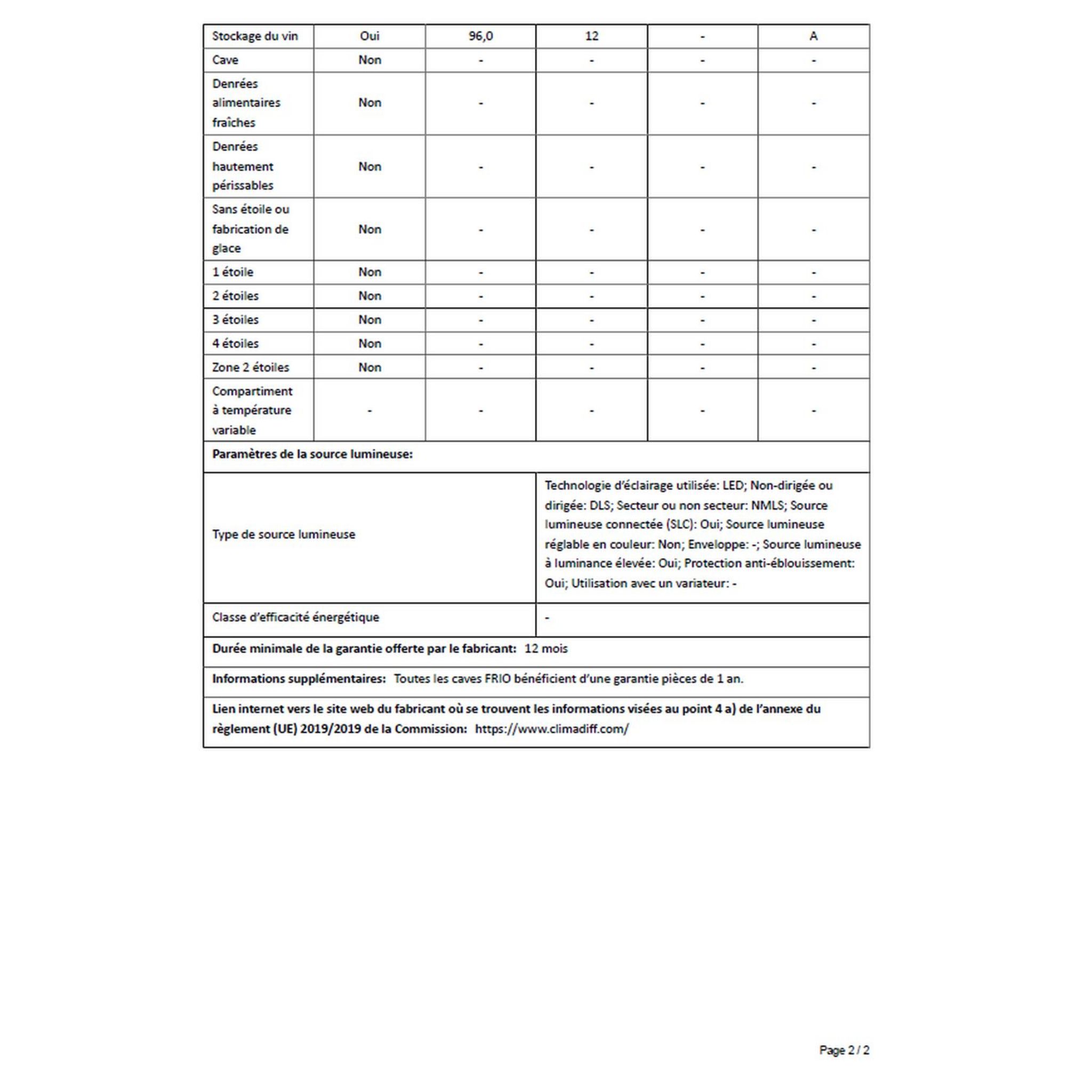 Voir la diapositive 8 : CLIMADIFF Cave de service CS41B1, 41 bouteilles, 42 dB, Porte vitré, G