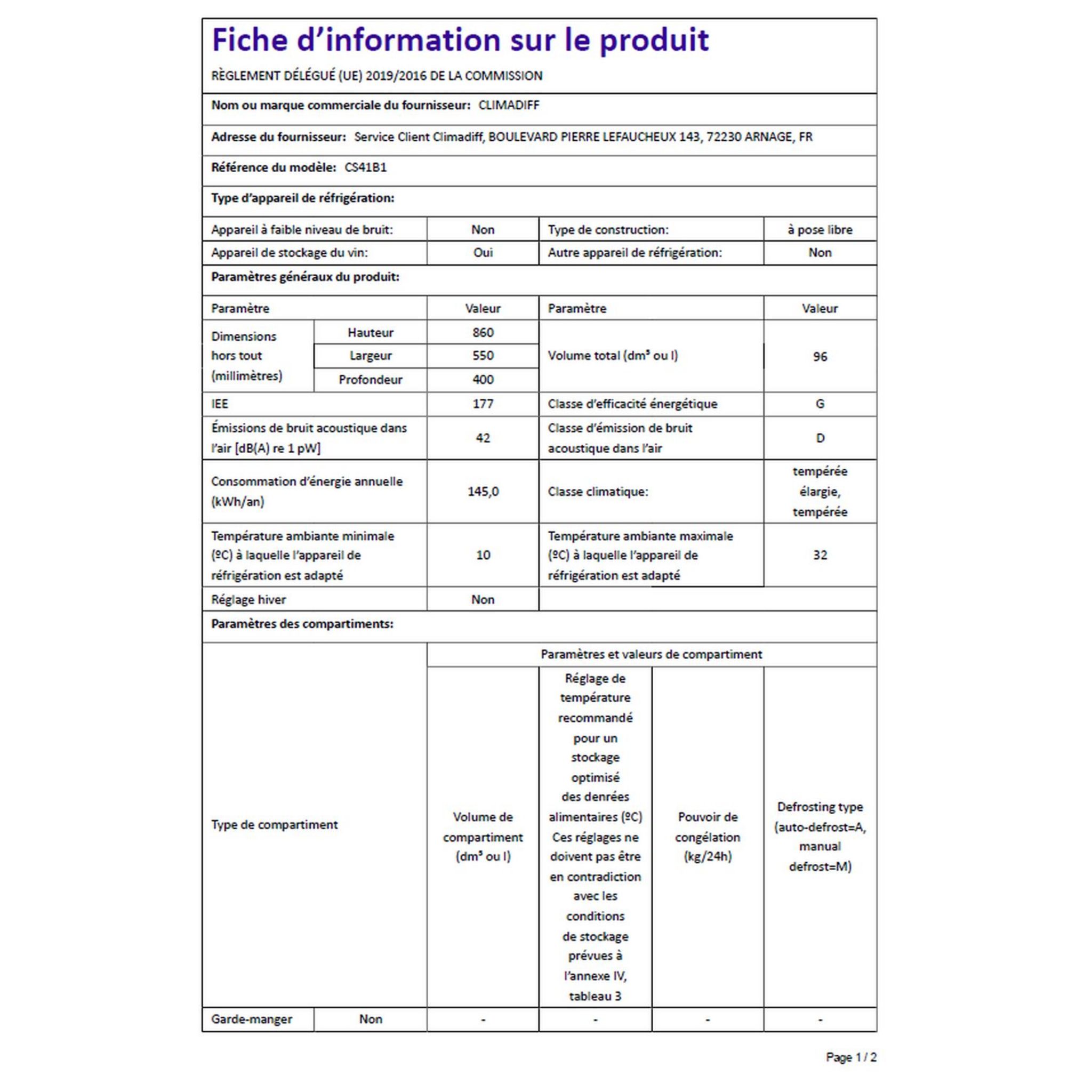 Voir la diapositive 9 : CLIMADIFF Cave de service CS41B1, 41 bouteilles, 42 dB, Porte vitré, G