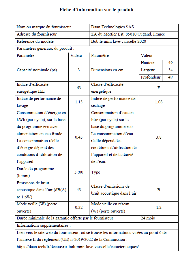 Voir la diapositive 8 : BOB Mini lave vaisselle Premium, 2 couverts, 43 dB, F