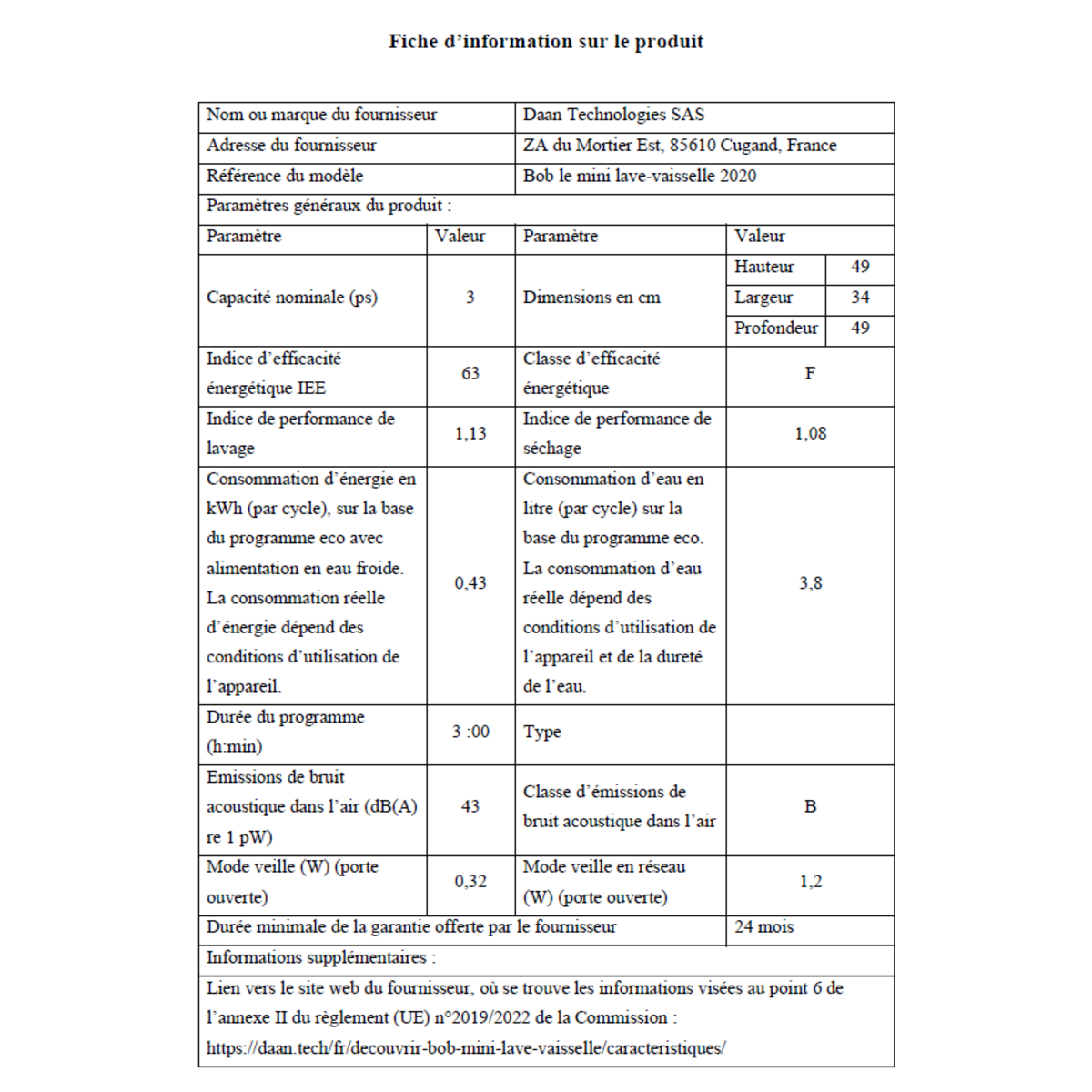 BOB Mini lave vaisselle Premium, 2 couverts, 43 dB, F